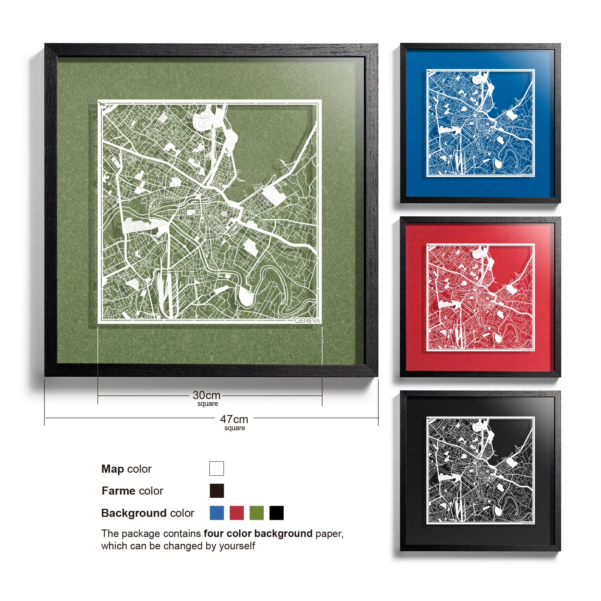 o3designstudio-Geneva-Paper-cut-map-framed-18-inch-White map Black frame-45MF3059BW