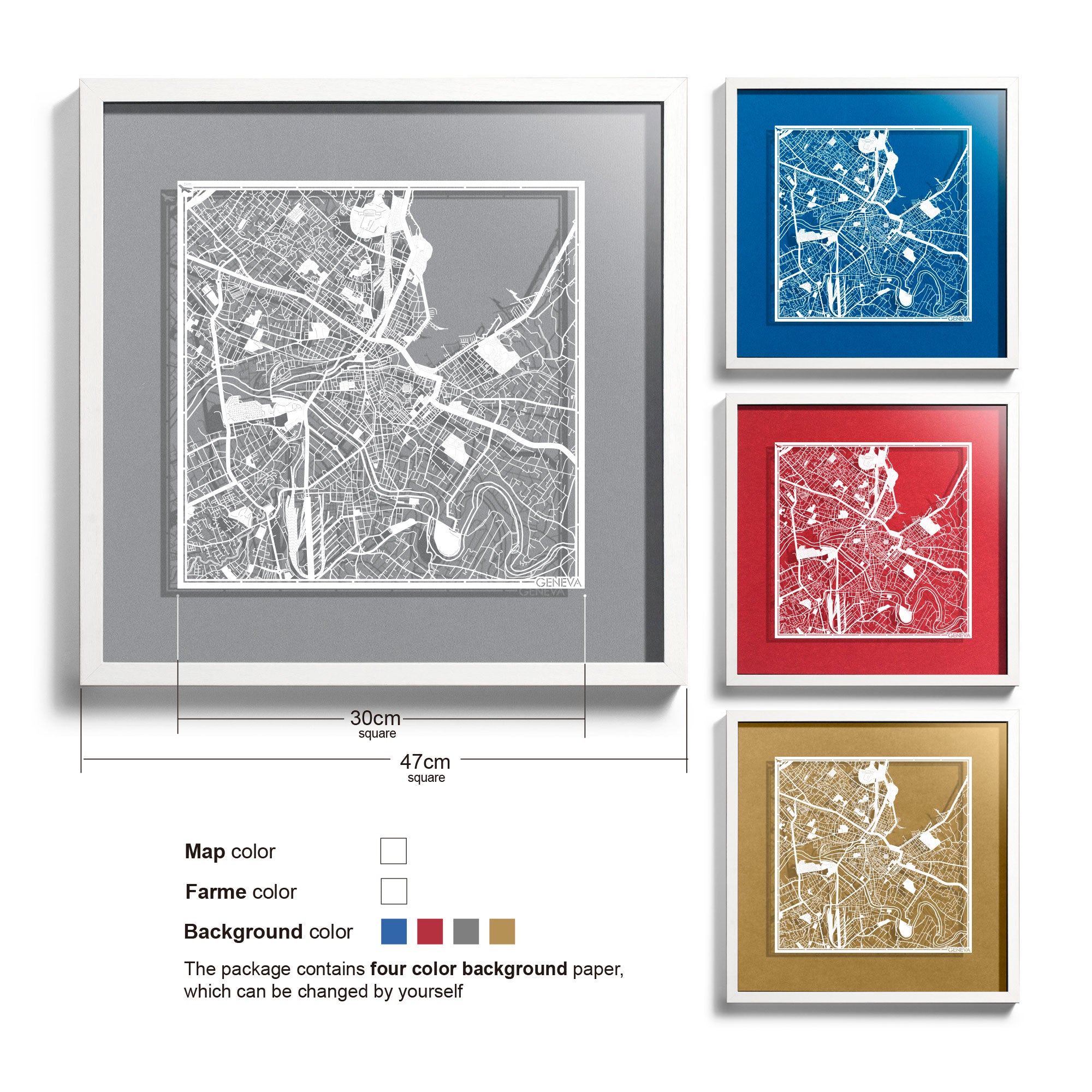 o3designstudio-Geneva-Paper-cut-map-framed-18-inch-White map White frame-45MF3059WW