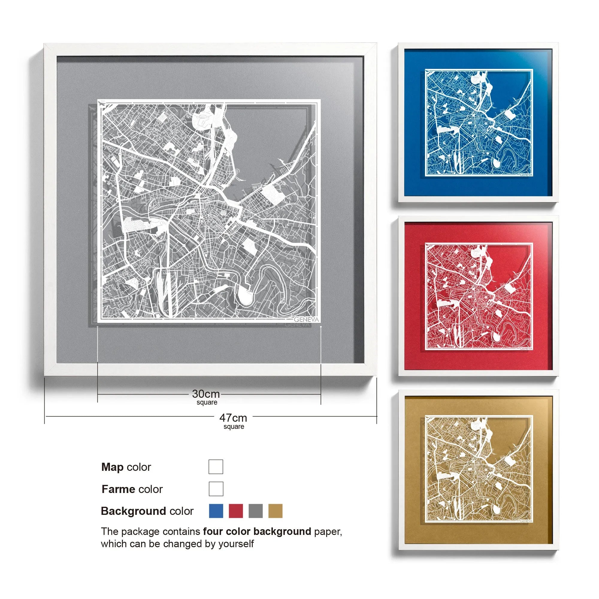 o3designstudio-Geneva-Paper-cut-map-framed-18-inch-White map White frame-45MF3059WW