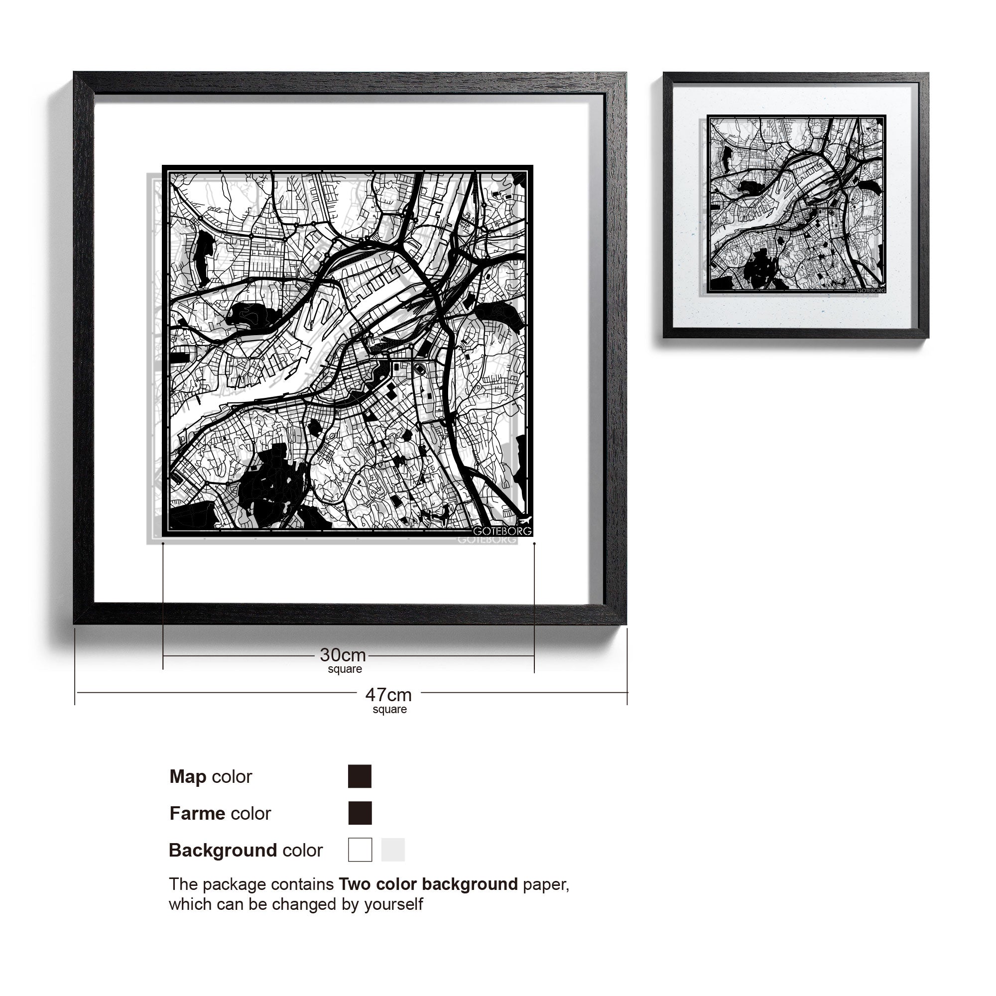 o3designstudio-Goteborg-Paper-cut-map-framed-18-inch-Black map Black frame-45MF3021BB