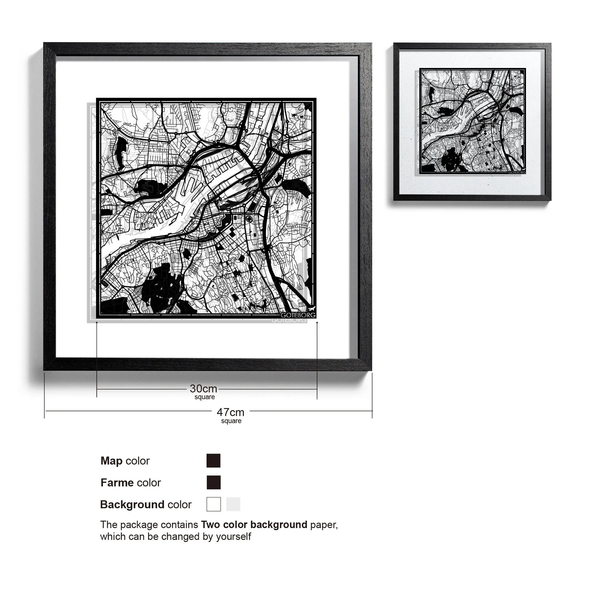 o3designstudio-Goteborg-Paper-cut-map-framed-18-inch-Black map Black frame-45MF3021BB
