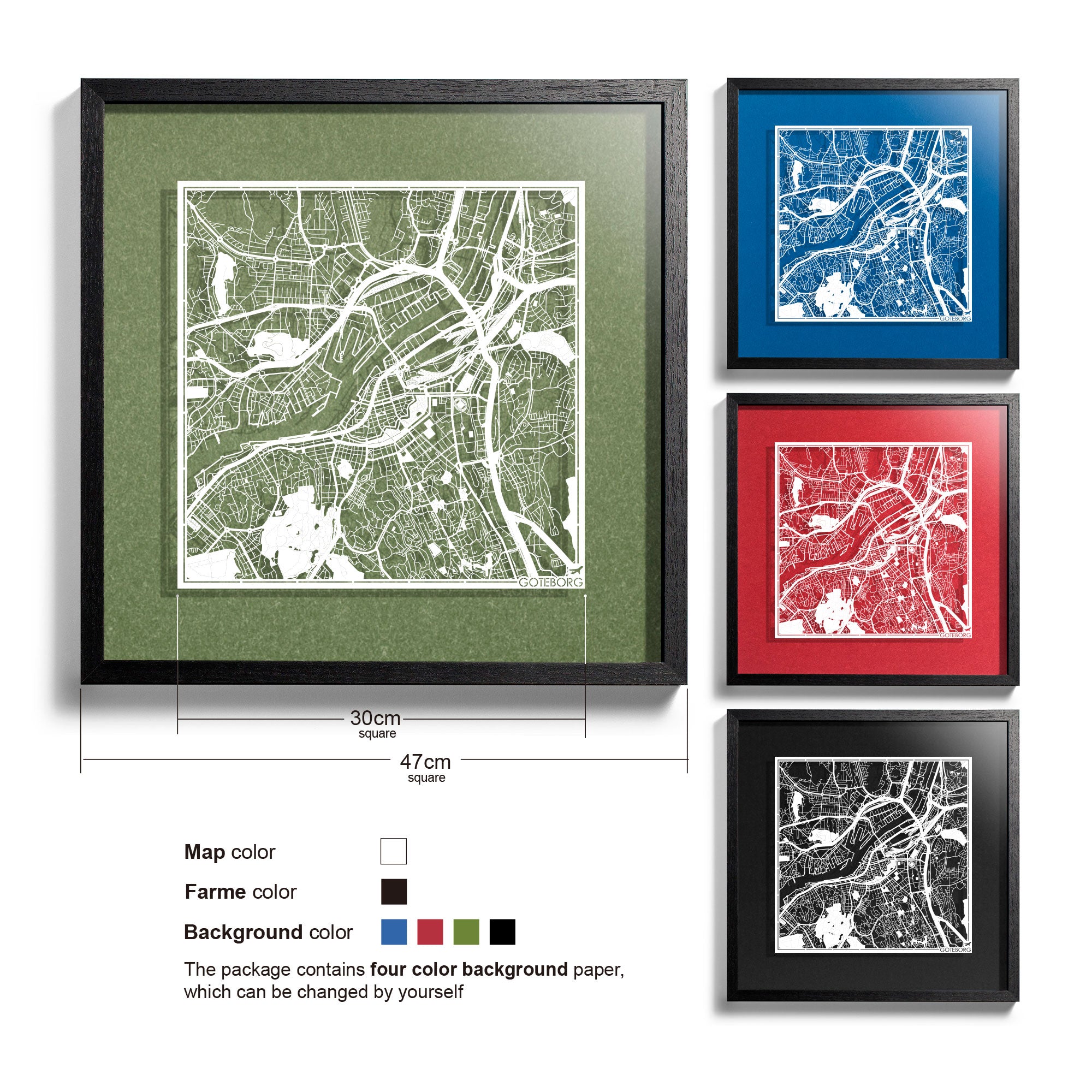 o3designstudio-Goteborg-Paper-cut-map-framed-18-inch-White map Black frame-45MF3021BW