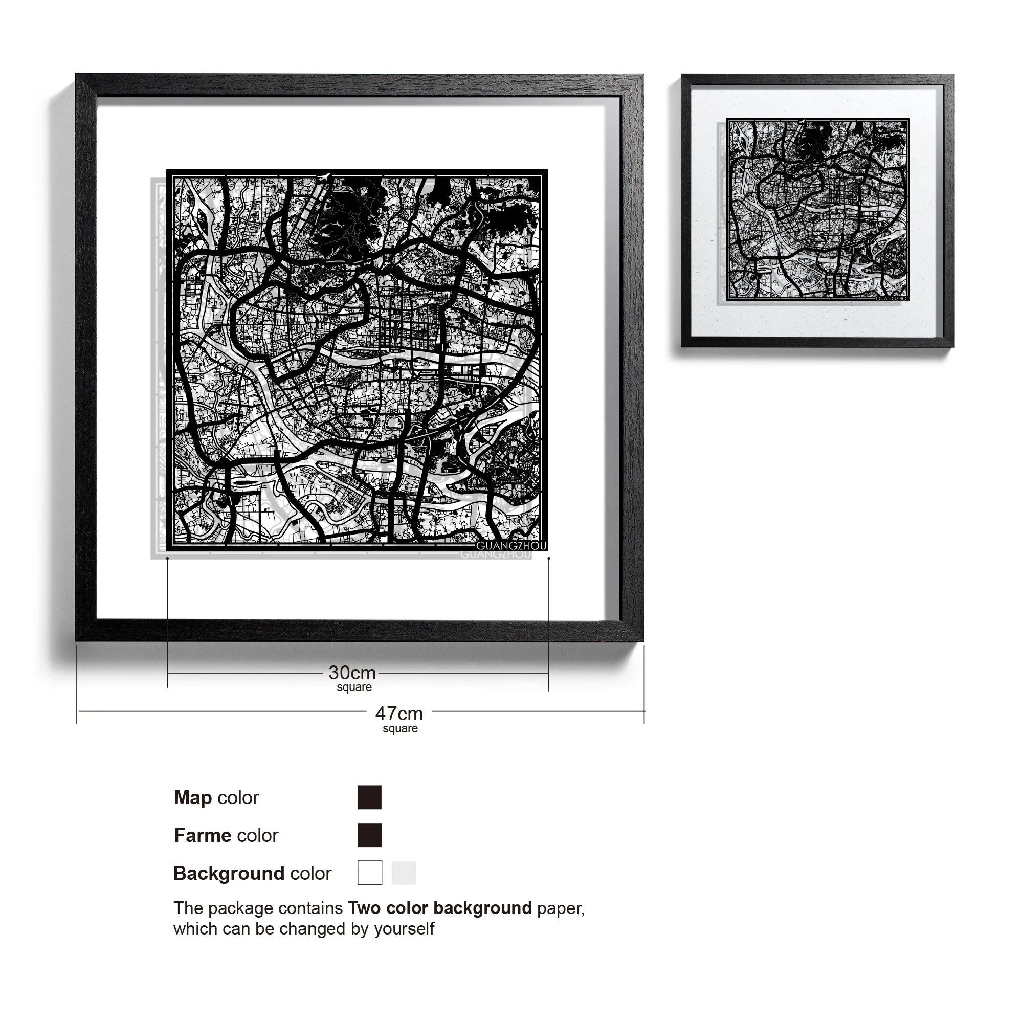 o3designstudio-Guangzhou-Paper-cut-map-framed-18-inch-Black map Black frame- 45MF1010BB