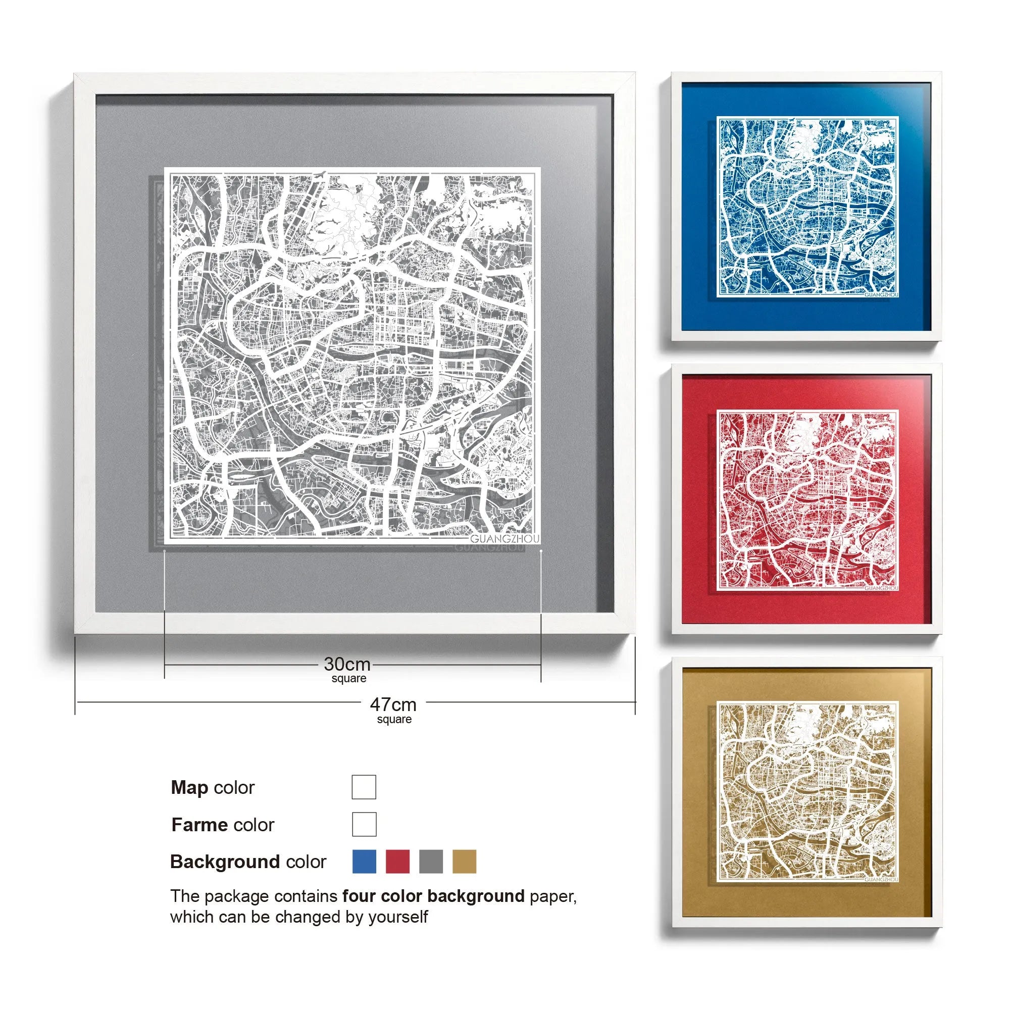 o3designstudio-Guangzhou-Paper-cut-map-framed-18-inch-White map White frame- 45MF1010WW