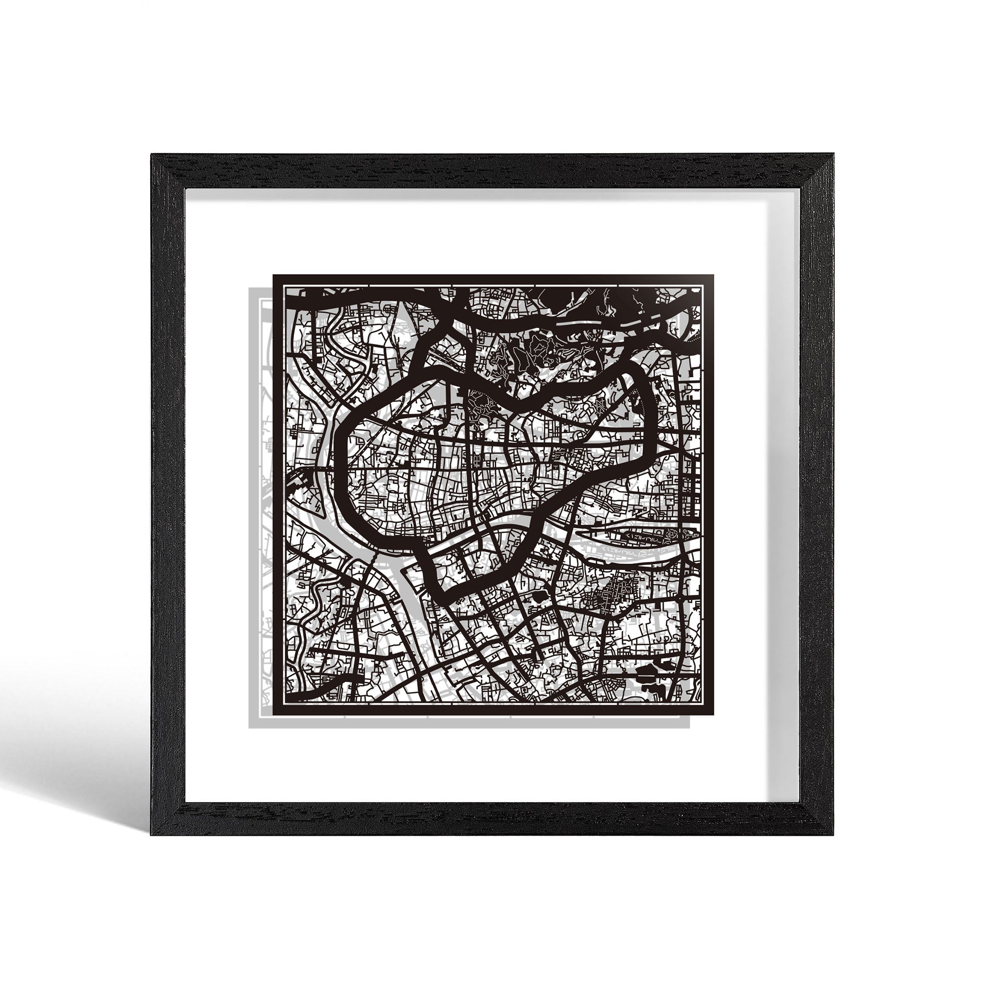o3designstudio Guangzhou Paper cut map framed 9 inch Black map Black frame map art 22MF1010BB