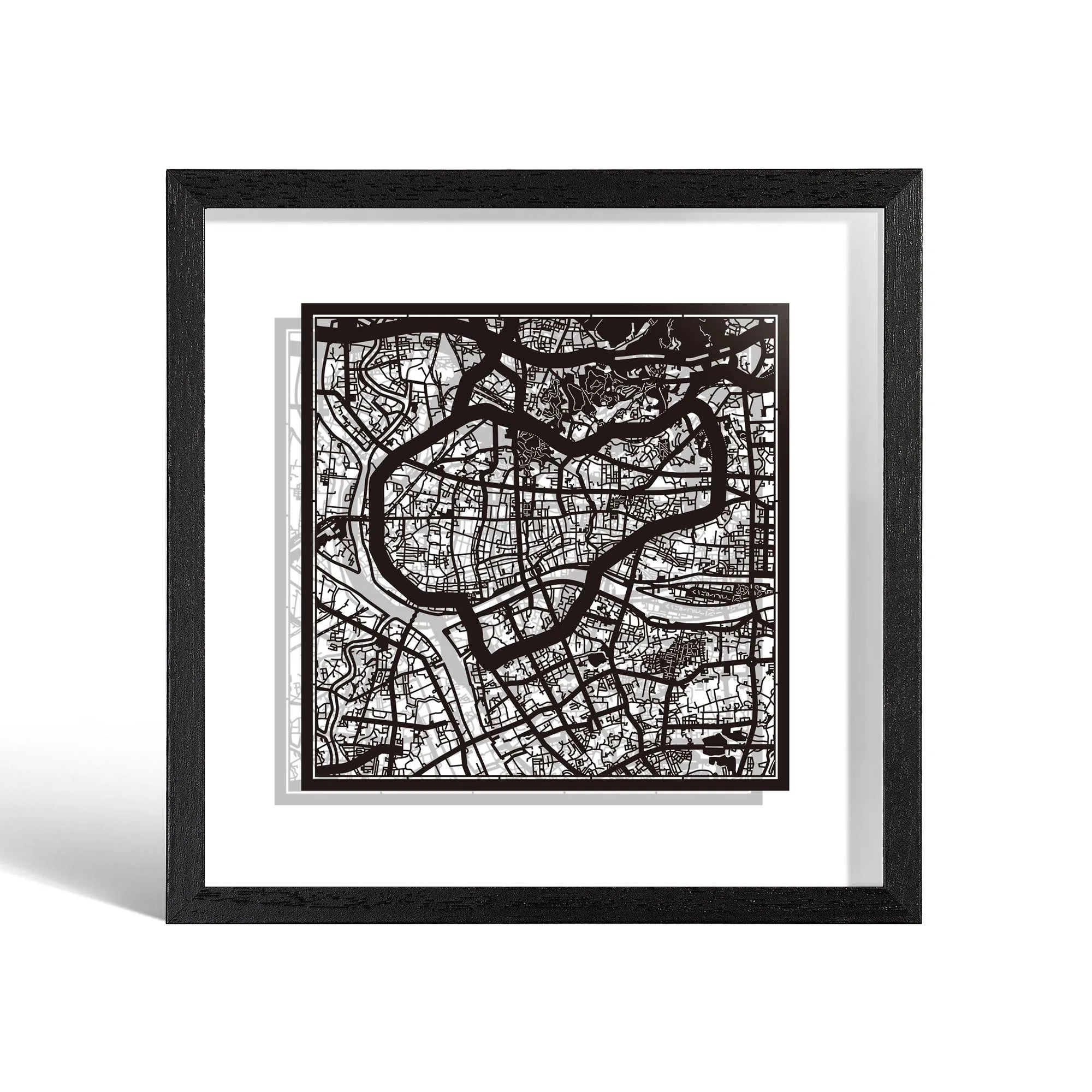 o3designstudio Guangzhou Paper cut map framed 9 inch Black map Black frame map art 22MF1010BB
