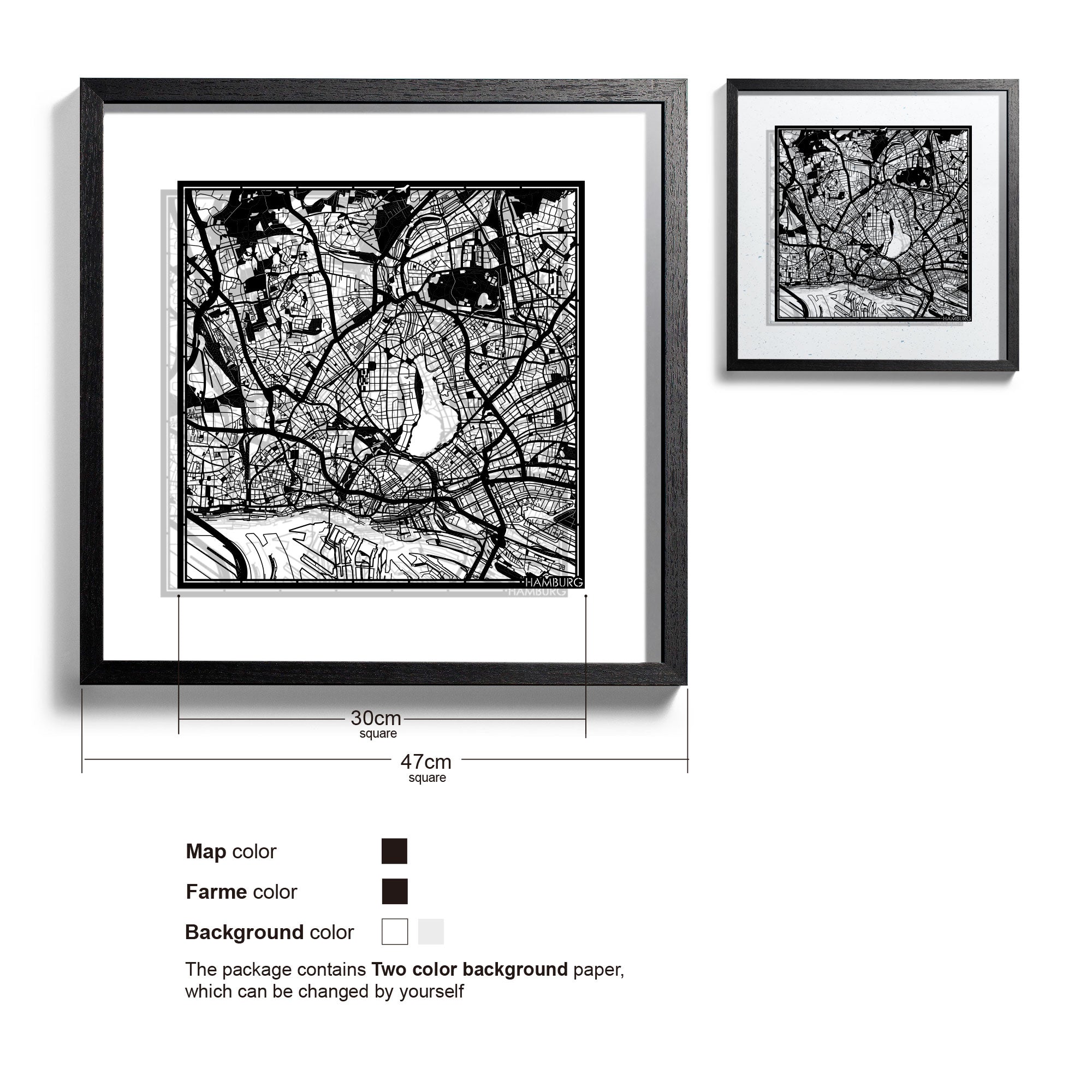 o3designstudio-Hamburg-Paper-cut-map-framed-18-inch-Black map Black frame-45MF3014BB