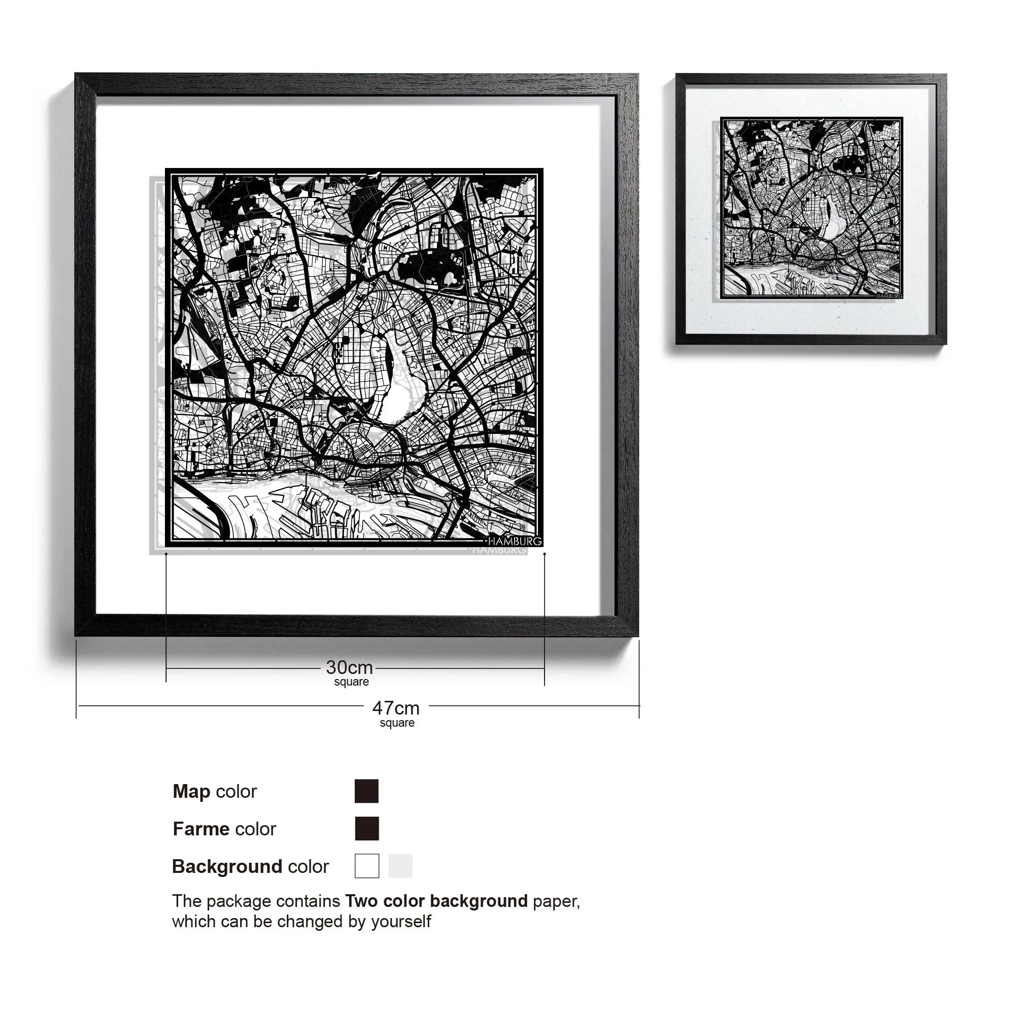 o3designstudio-Hamburg-Paper-cut-map-framed-18-inch-Black map Black frame-45MF3014BB