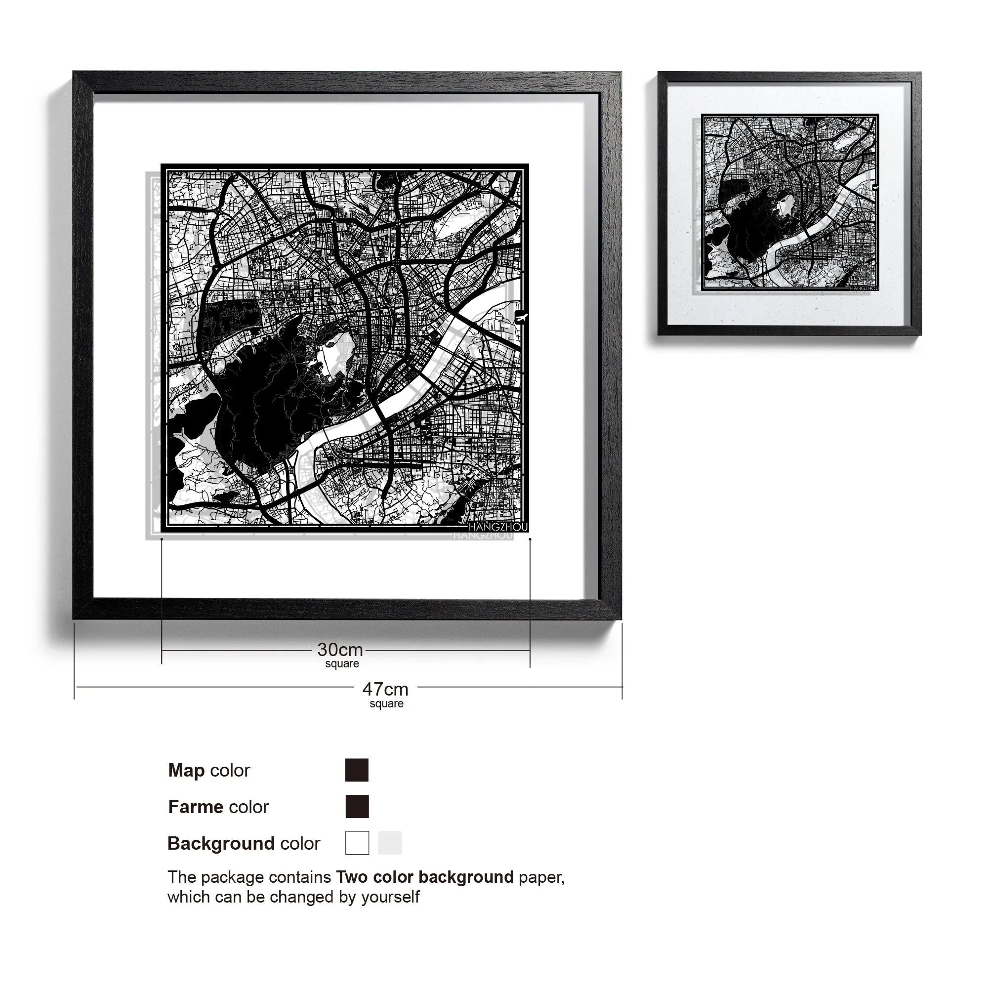 o3designstudio-Hangzhou-Paper-cut-map-framed-18-inch-Black map Black frame- 45MF1027BB