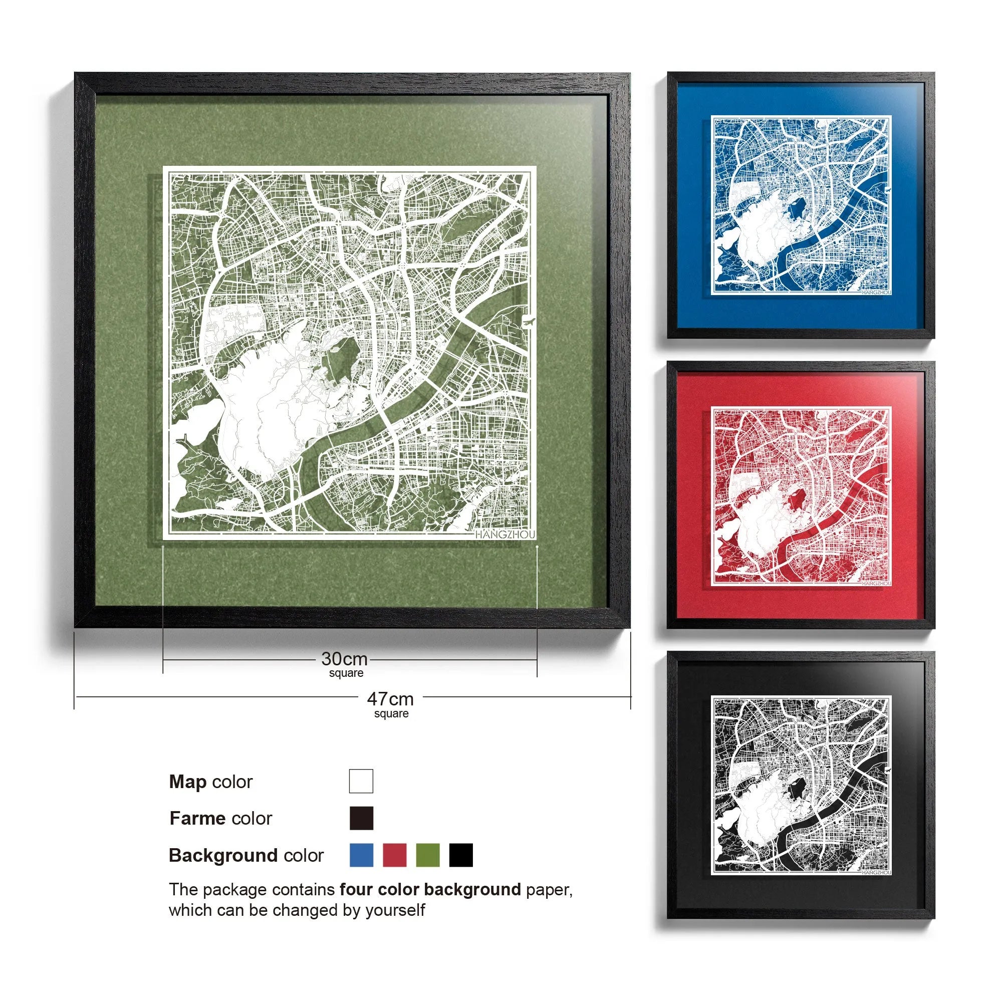 o3designstudio-Hangzhou-Paper-cut-map-framed-18-inch-White map Black frame- 45MF1027BW
