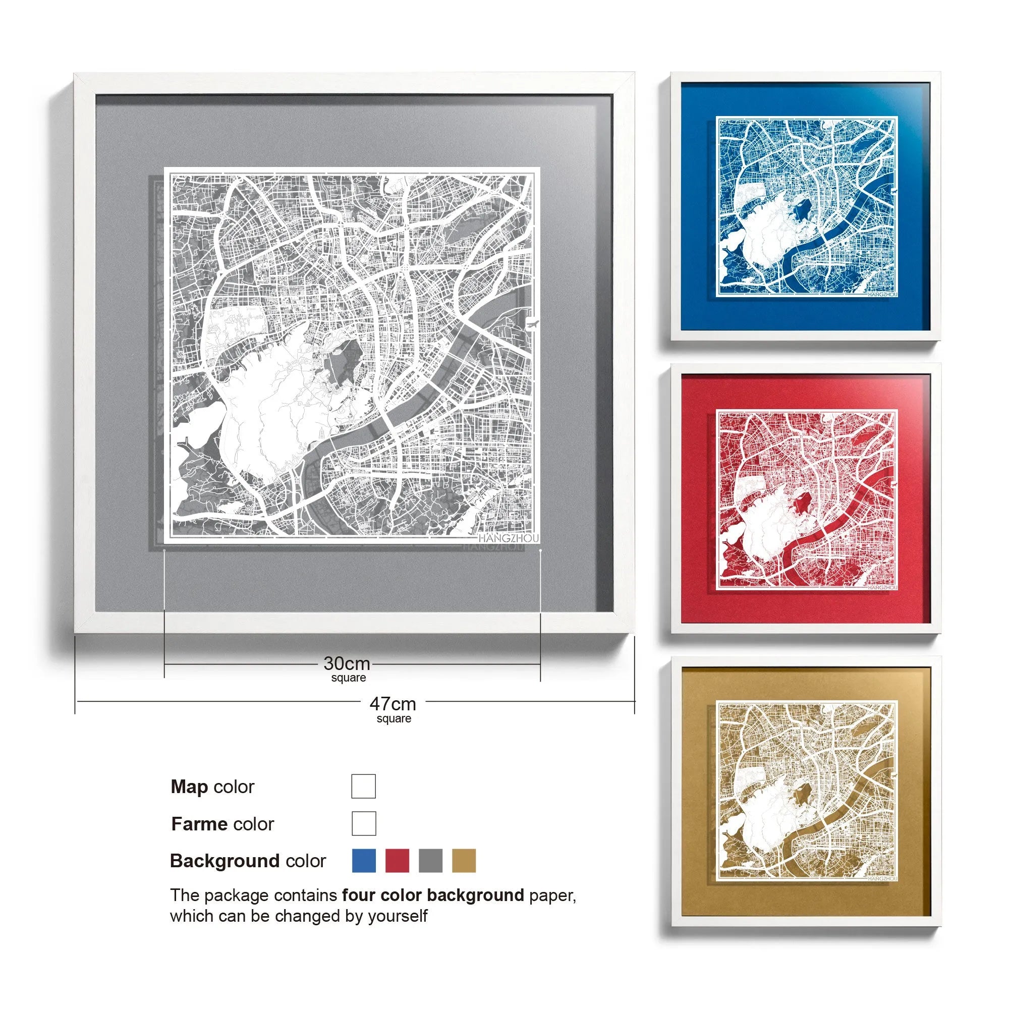 o3designstudio-Hangzhou-Paper-cut-map-framed-18-inch-White map White frame- 45MF1027WW
