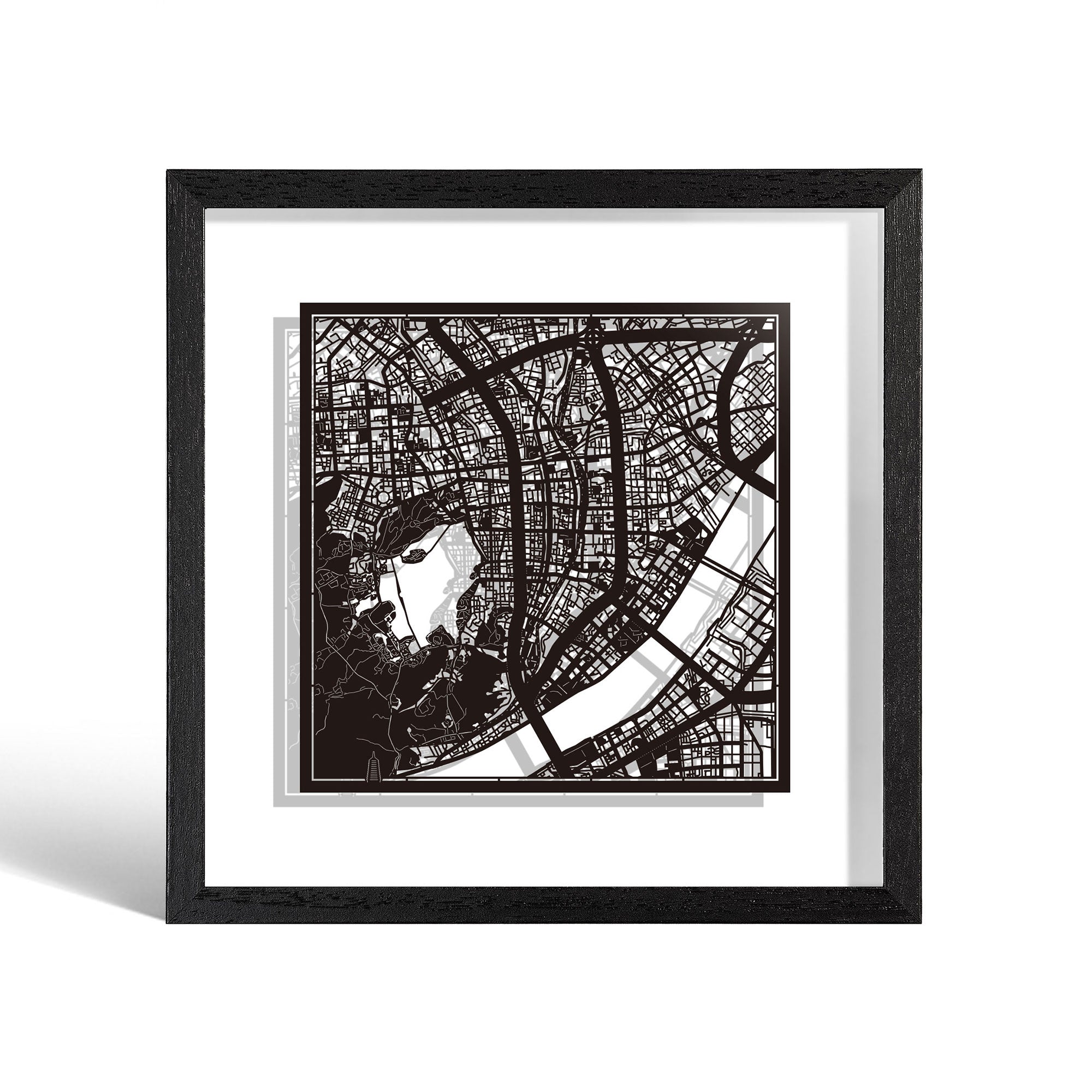 o3designstudio Hangzhou Paper cut map framed 9 inch Black map Black frame map art 22MF1027BB
