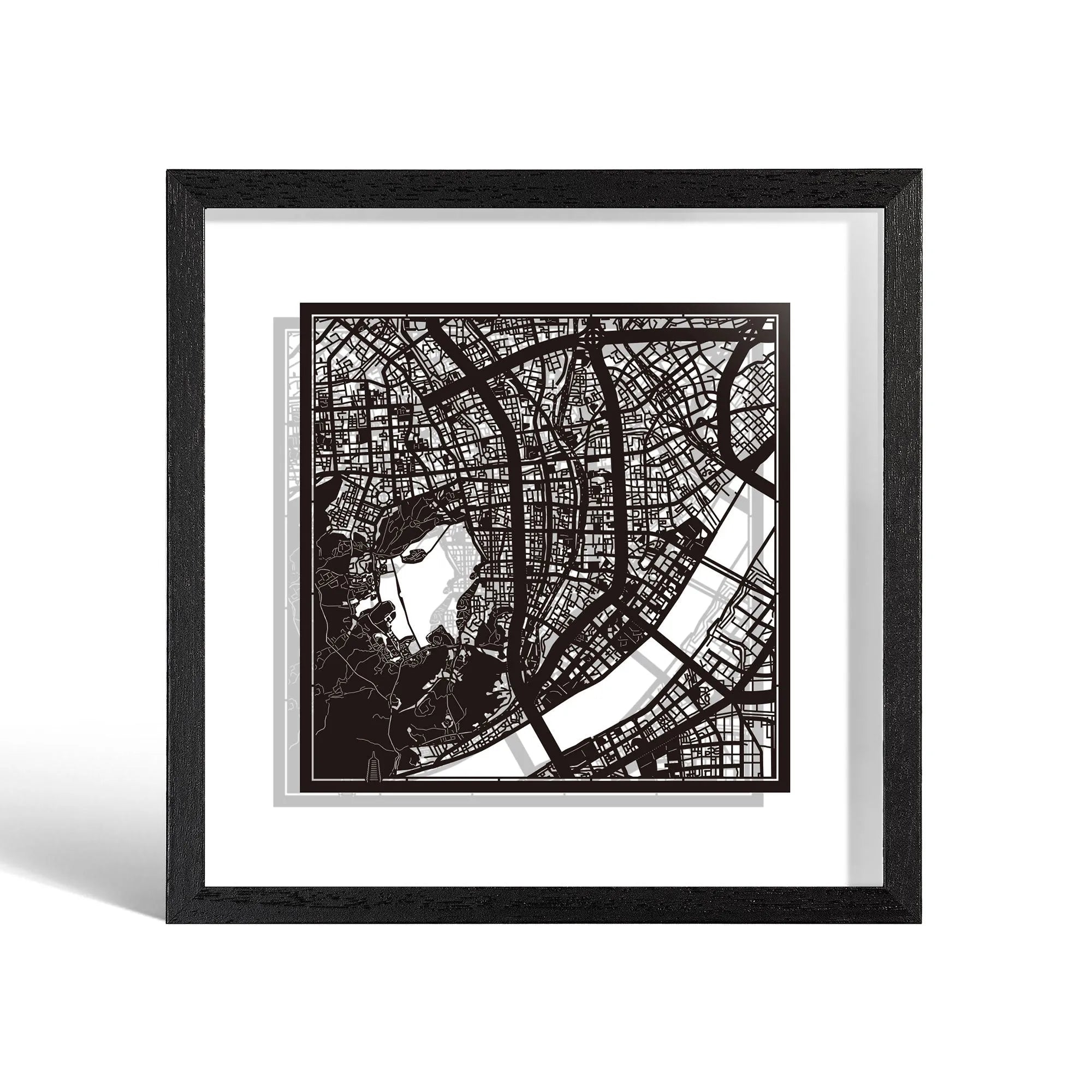 o3designstudio Hangzhou Paper cut map framed 9 inch Black map Black frame map art 22MF1027BB