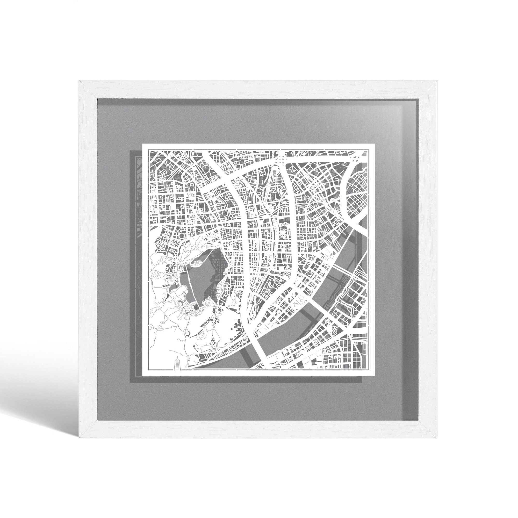 o3designstudio Hangzhou Paper cut map framed 9 inch White map White frame map art 22MF1027WW