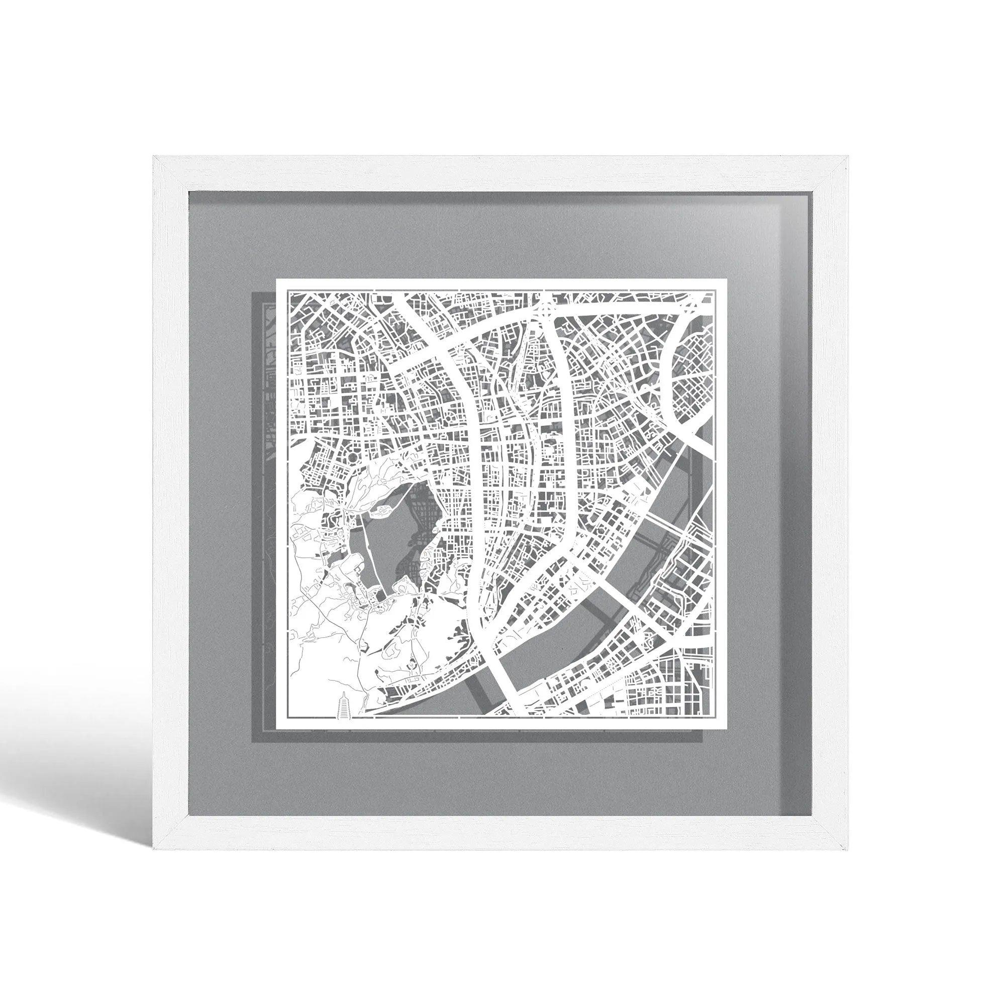 o3designstudio Hangzhou Paper cut map framed 9 inch White map White frame map art 22MF1027WW