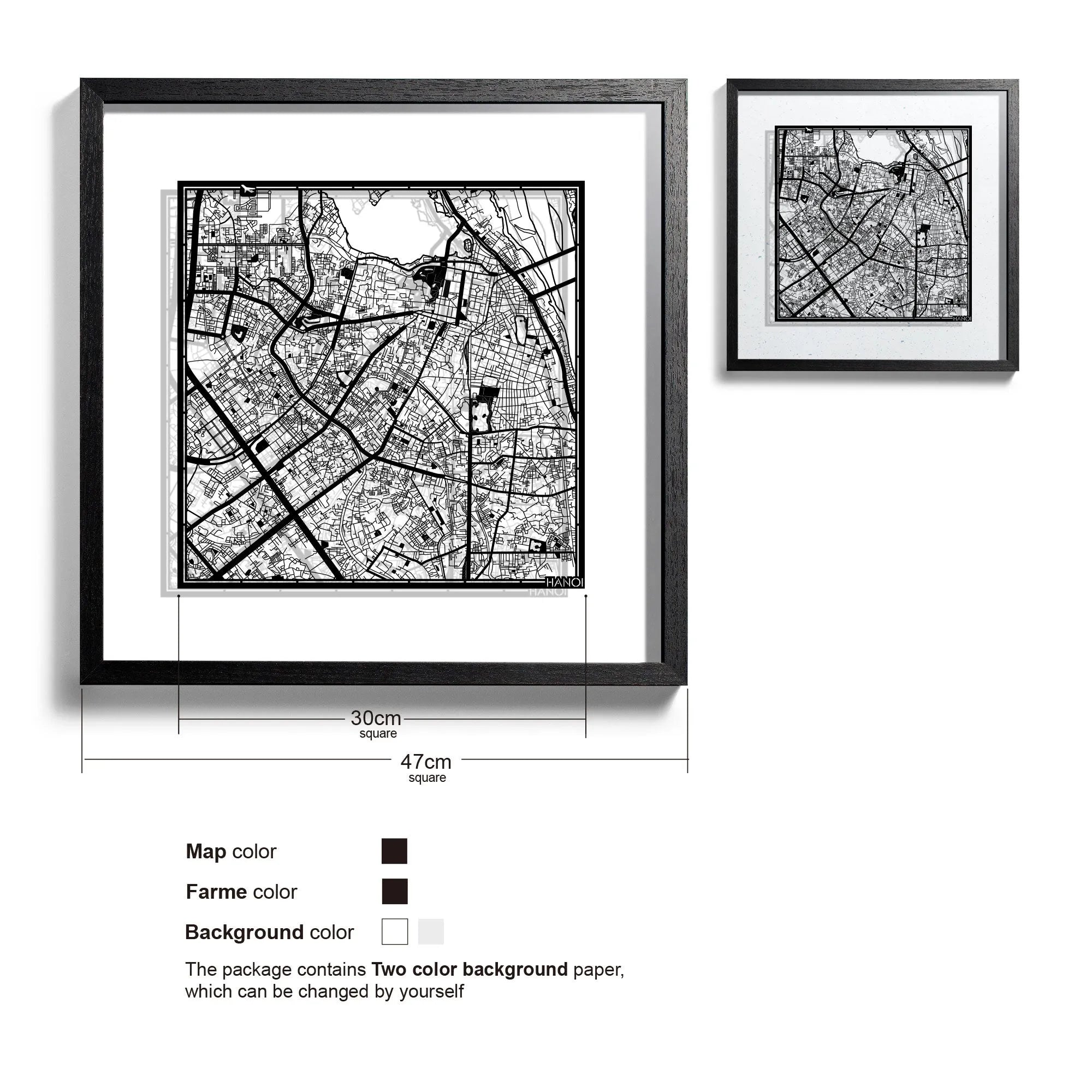 o3designstudio-Hanoi-Paper-cut-map-framed-18-inch-Black map / Black frame-45MF1030BB