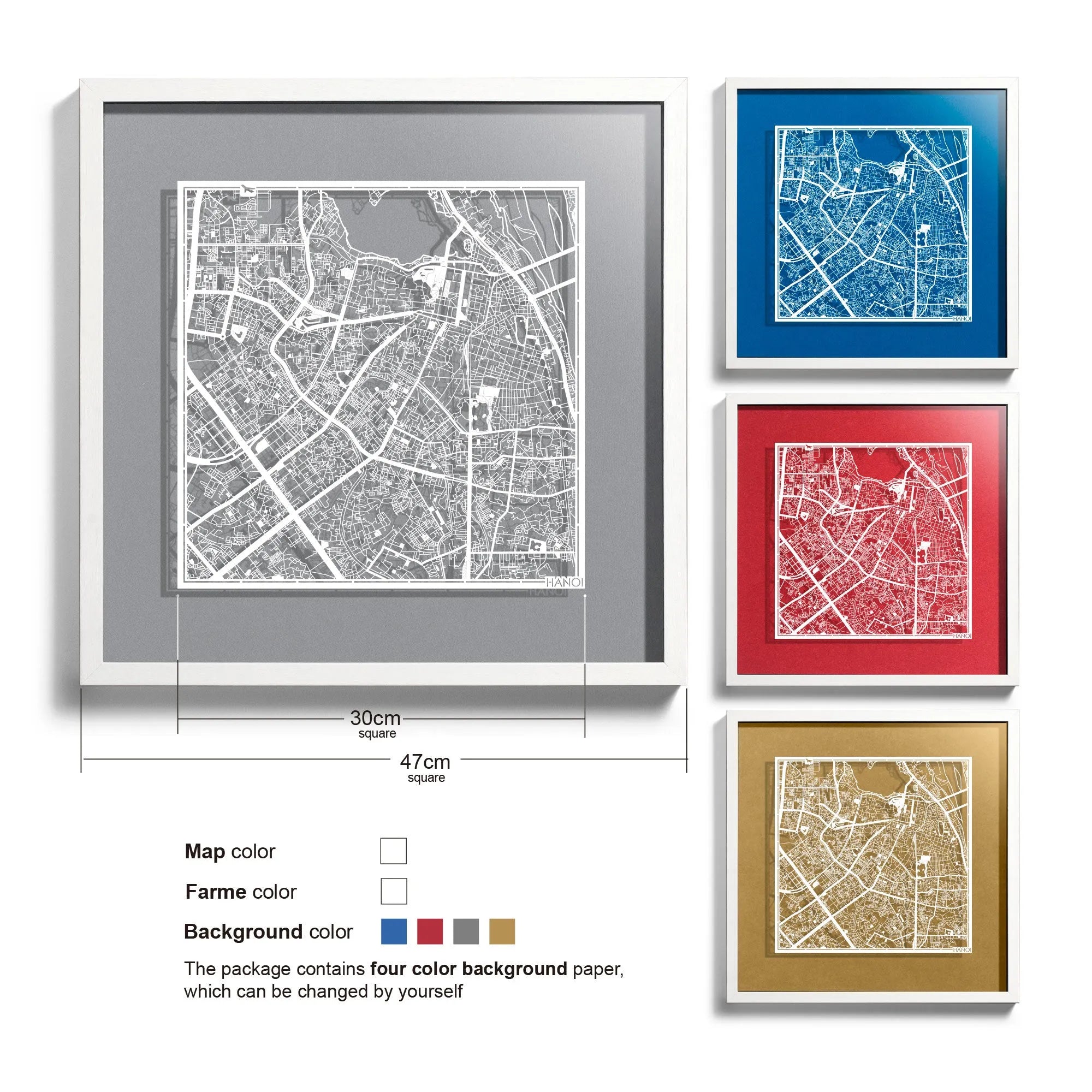 o3designstudio-Hanoi-Paper-cut-map-framed-18-inch-White map / White frame-45MF1030WW