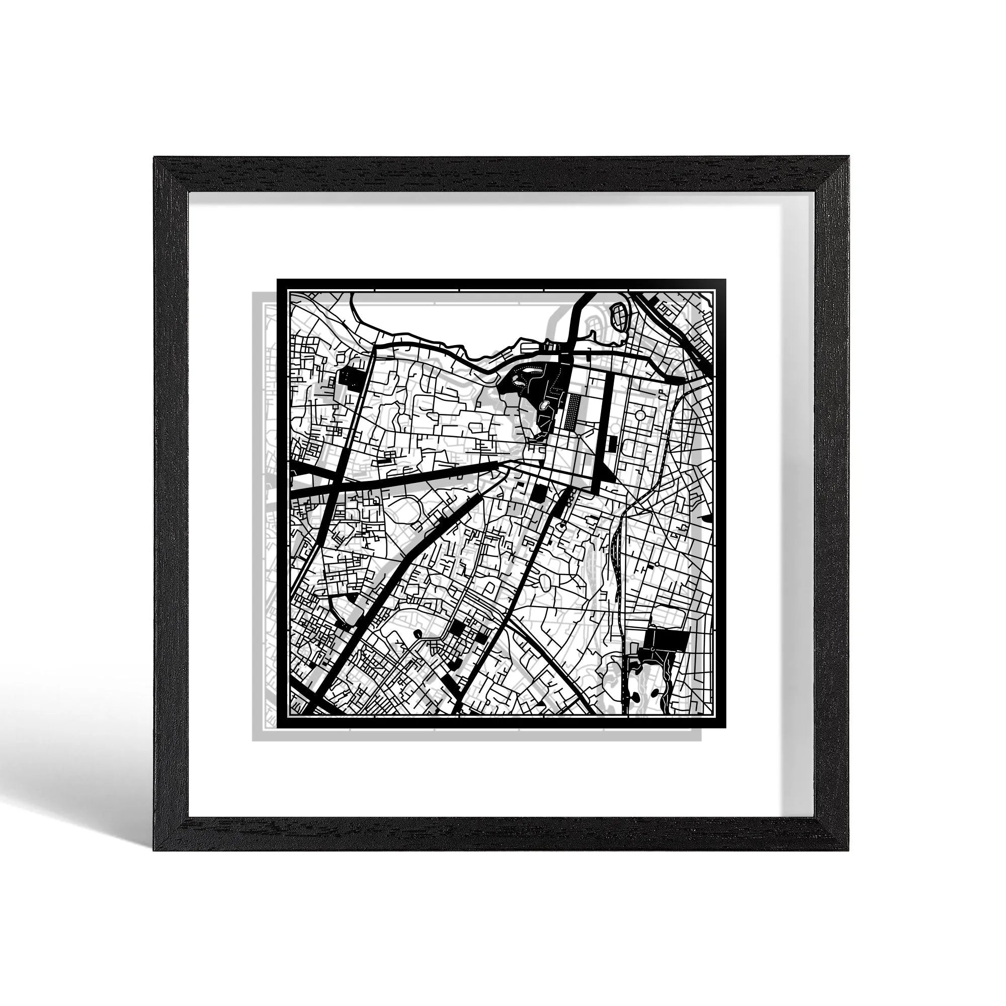 o3designstudio Hanoi Paper cut map framed 9 inch White map Black frame map art 22MF1030BW