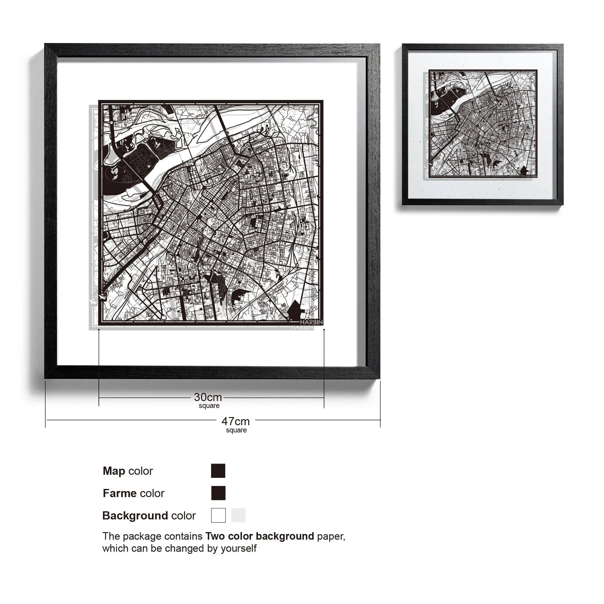 o3designstudio-Harbin-Paper-cut-map-framed-18-inch-Black map Black frame- 45MF1047BB