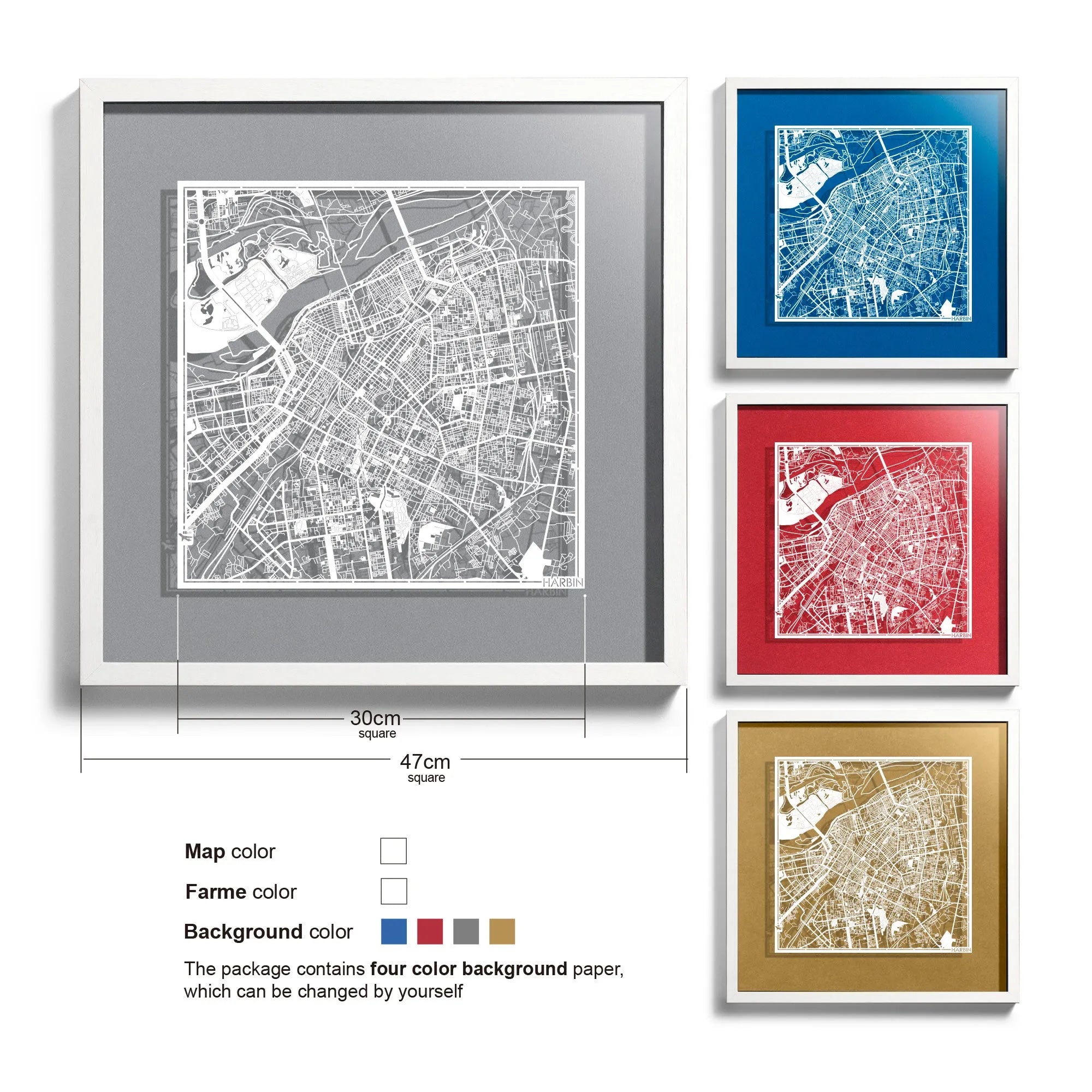o3designstudio-Harbin-Paper-cut-map-framed-18-inch-White map White frame- 45MF1047WW