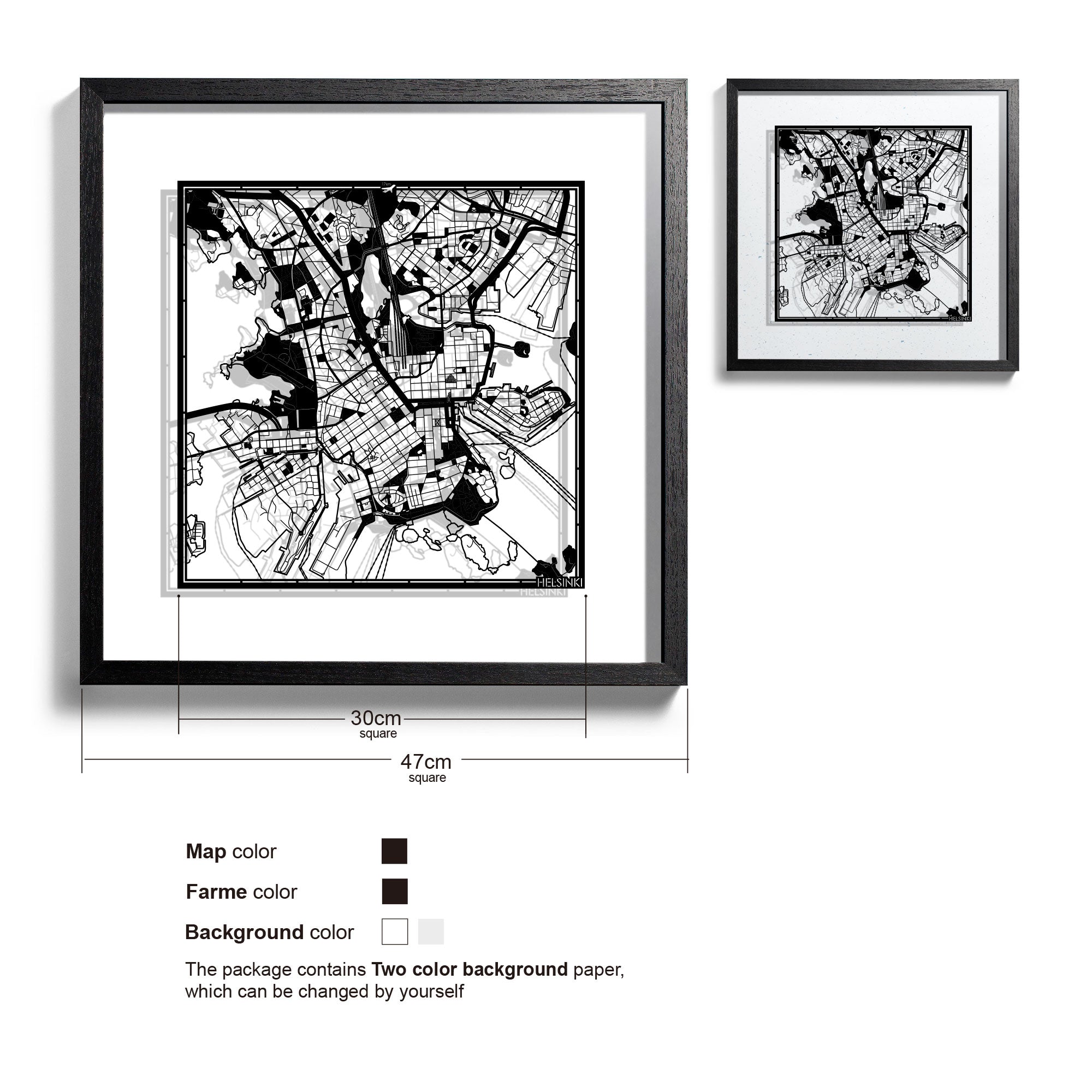 o3designstudio-Helsinki-Paper-cut-map-framed-18-inch-Black map Black frame-45MF3048BB