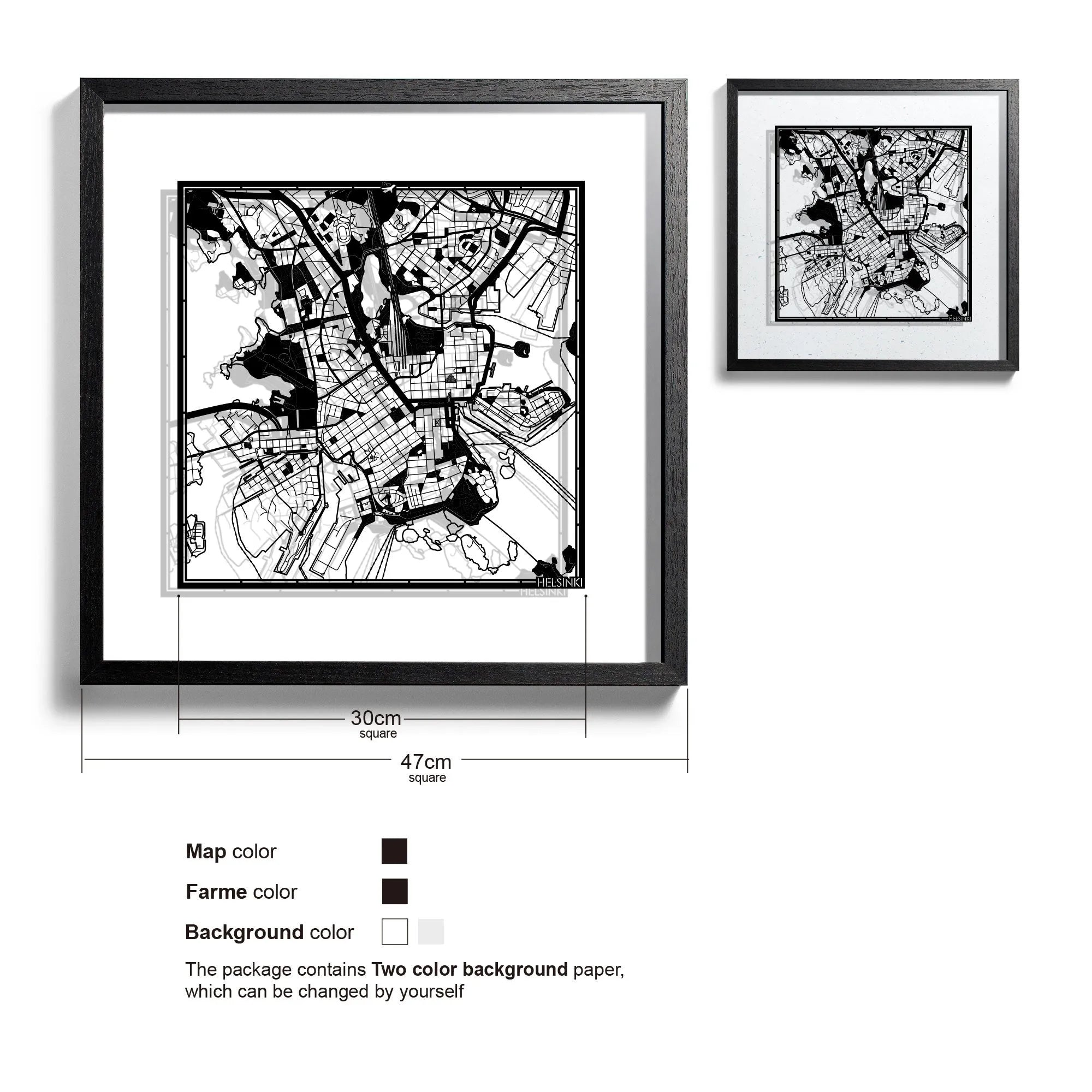 o3designstudio-Helsinki-Paper-cut-map-framed-18-inch-Black map Black frame-45MF3048BB