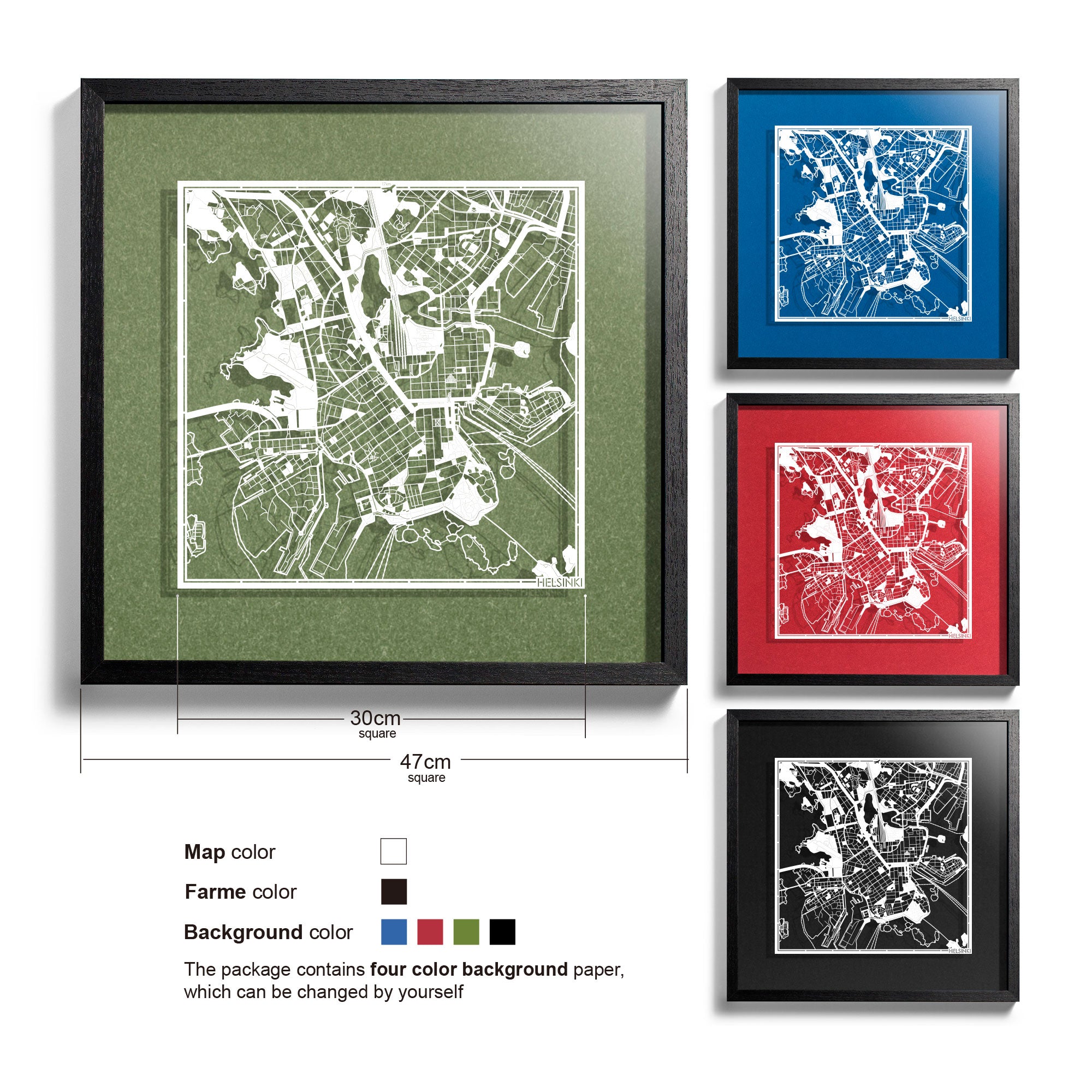 o3designstudio-Helsinki-Paper-cut-map-framed-18-inch-White map Black frame-45MF3048BW