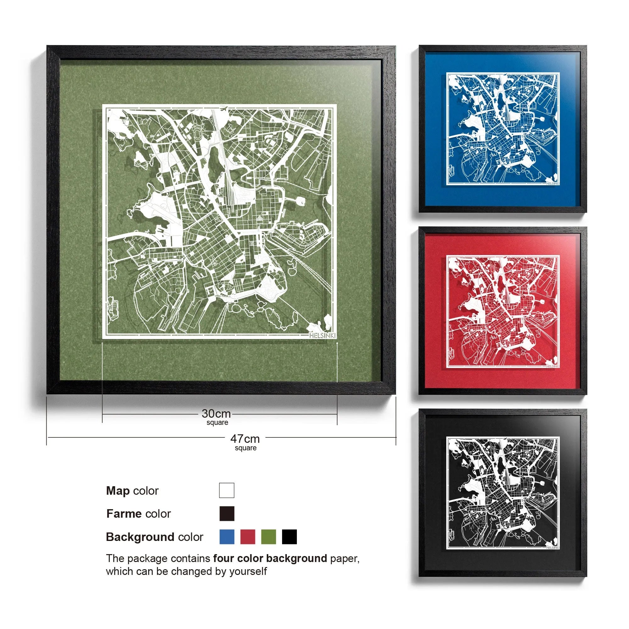 o3designstudio-Helsinki-Paper-cut-map-framed-18-inch-White map Black frame-45MF3048BW