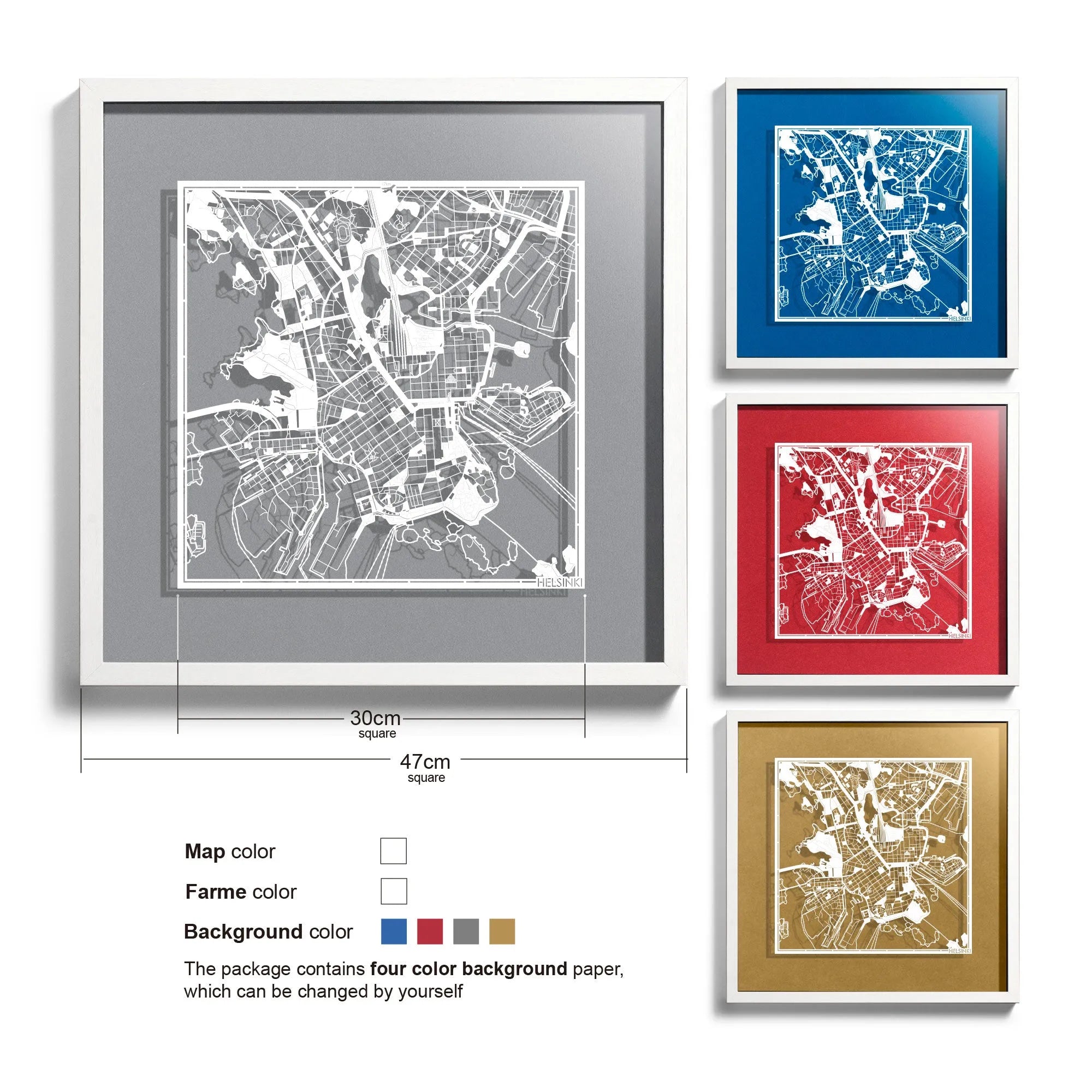o3designstudio-Helsinki-Paper-cut-map-framed-18-inch-White map White frame-45MF3048WW