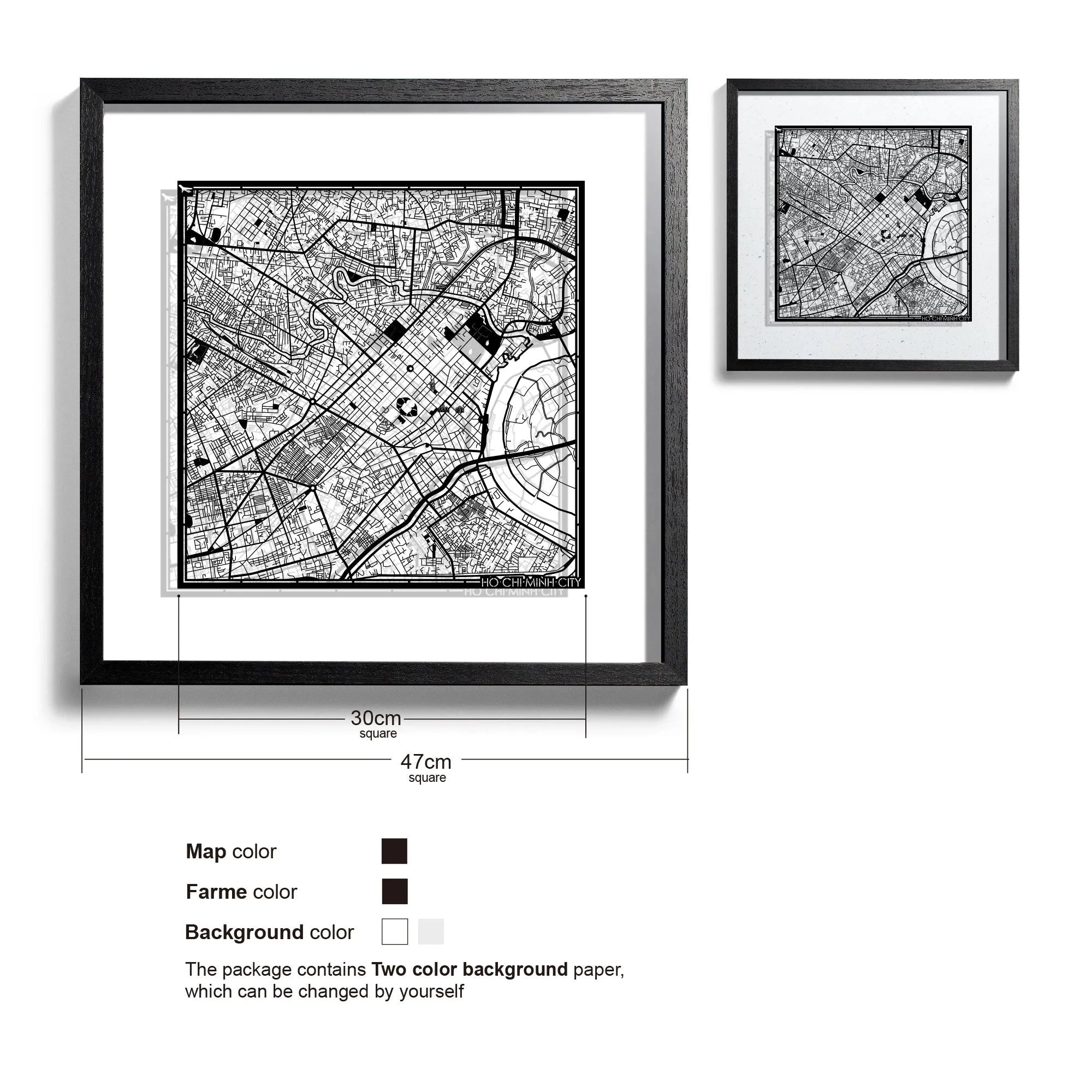 o3designstudio-Ho Chi Minh City-Paper-cut-map-framed-18-inch-Black map / Black frame-45MF1031BB