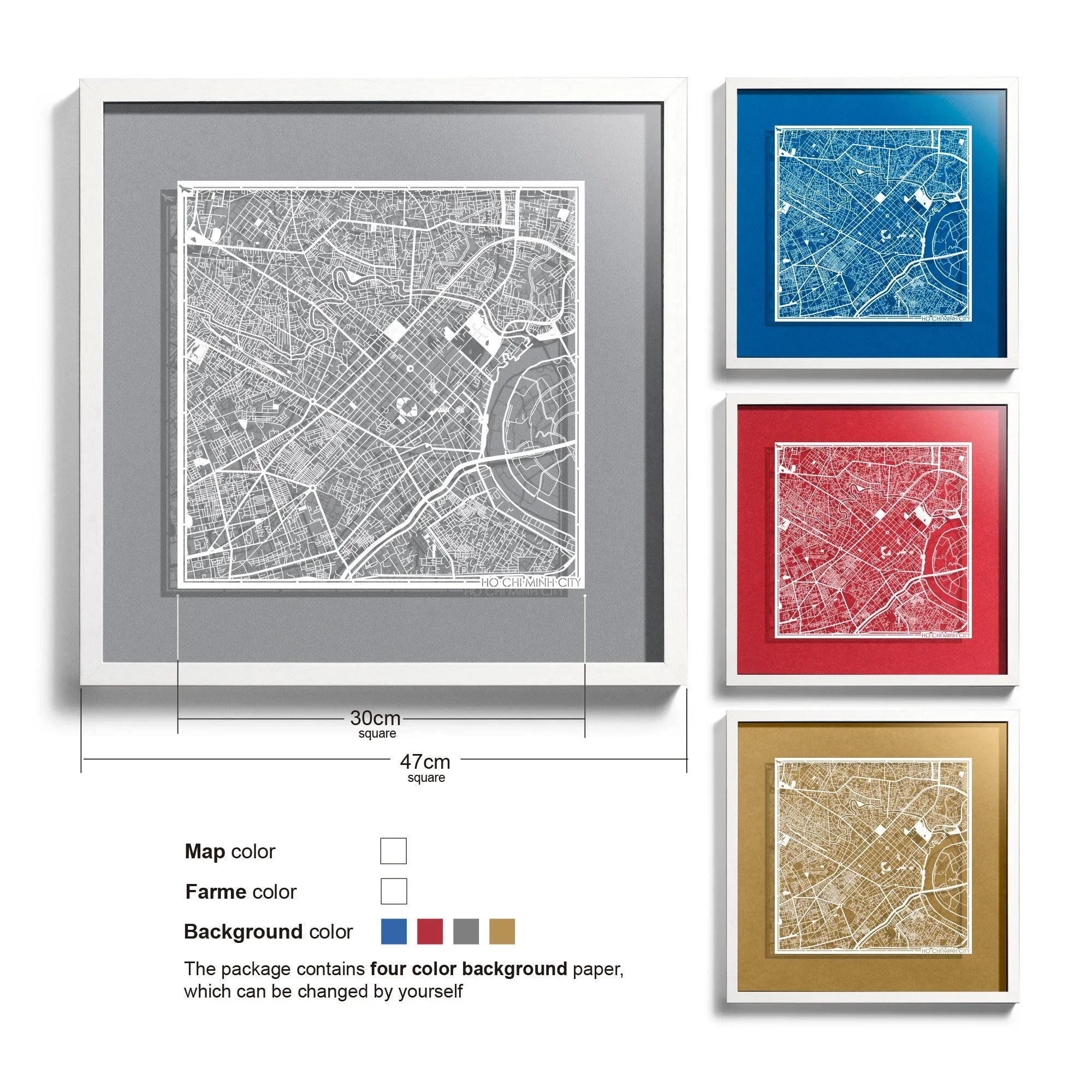o3designstudio-Ho Chi Minh City-Paper-cut-map-framed-18-inch-White map / White frame-45MF1031WW