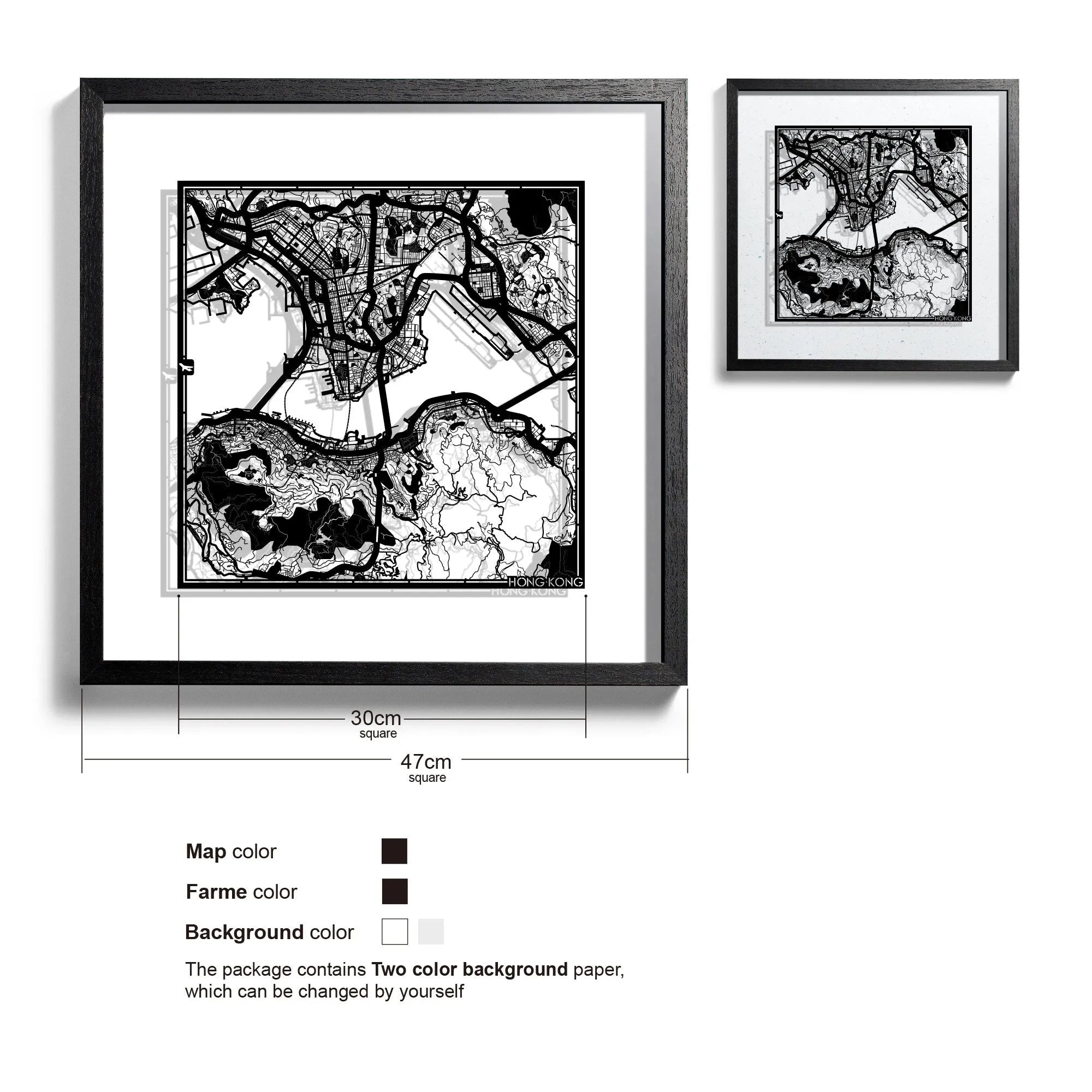 o3designstudio-Hong Kong-Paper-cut-map-framed-18-inch-Black map Black frame- 45MF1005BB