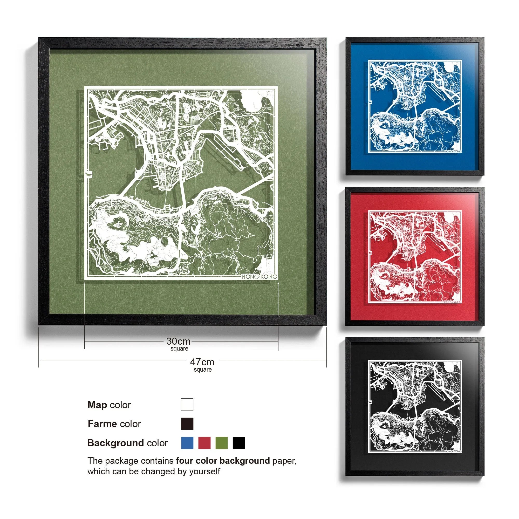 o3designstudio-Hong Kong-Paper-cut-map-framed-18-inch-White map Black frame- 45MF1005BW