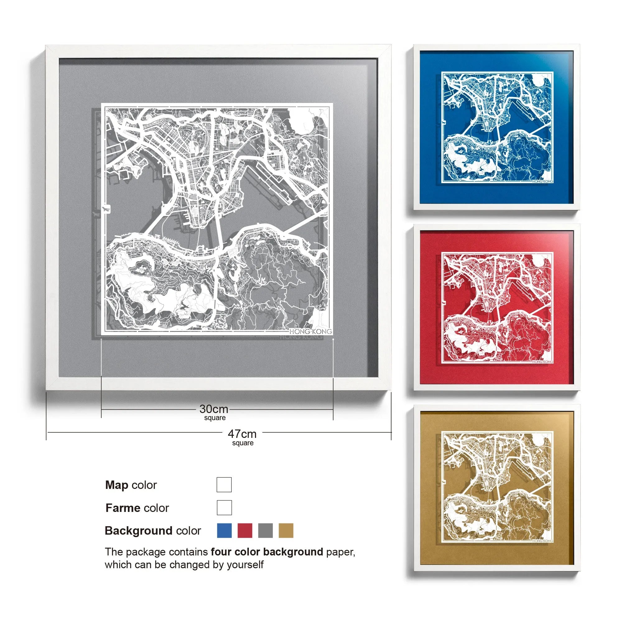 o3designstudio-Hong Kong-Paper-cut-map-framed-18-inch-White map White frame- 45MF1005WW