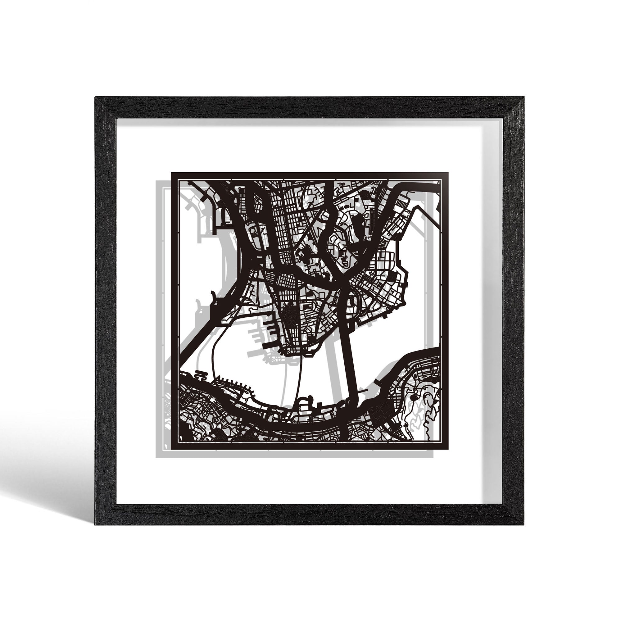 o3designstudio Hong Kong Paper cut map framed 9 inch Black map Black frame map art 22MF1005BB