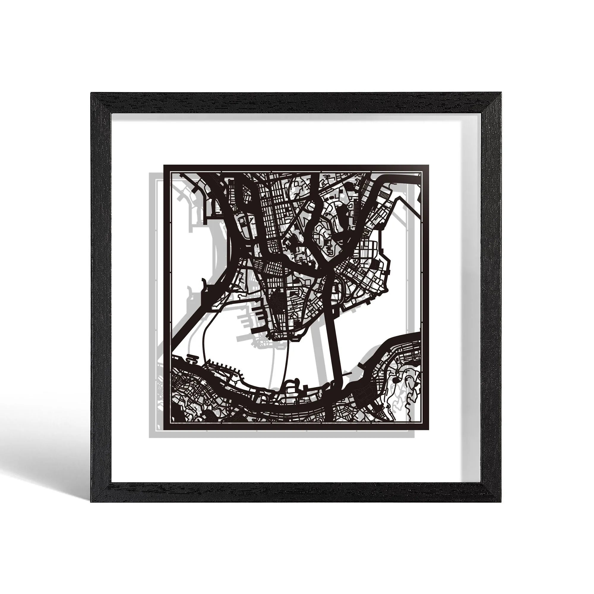 o3designstudio Hong Kong Paper cut map framed 9 inch Black map Black frame map art 22MF1005BB