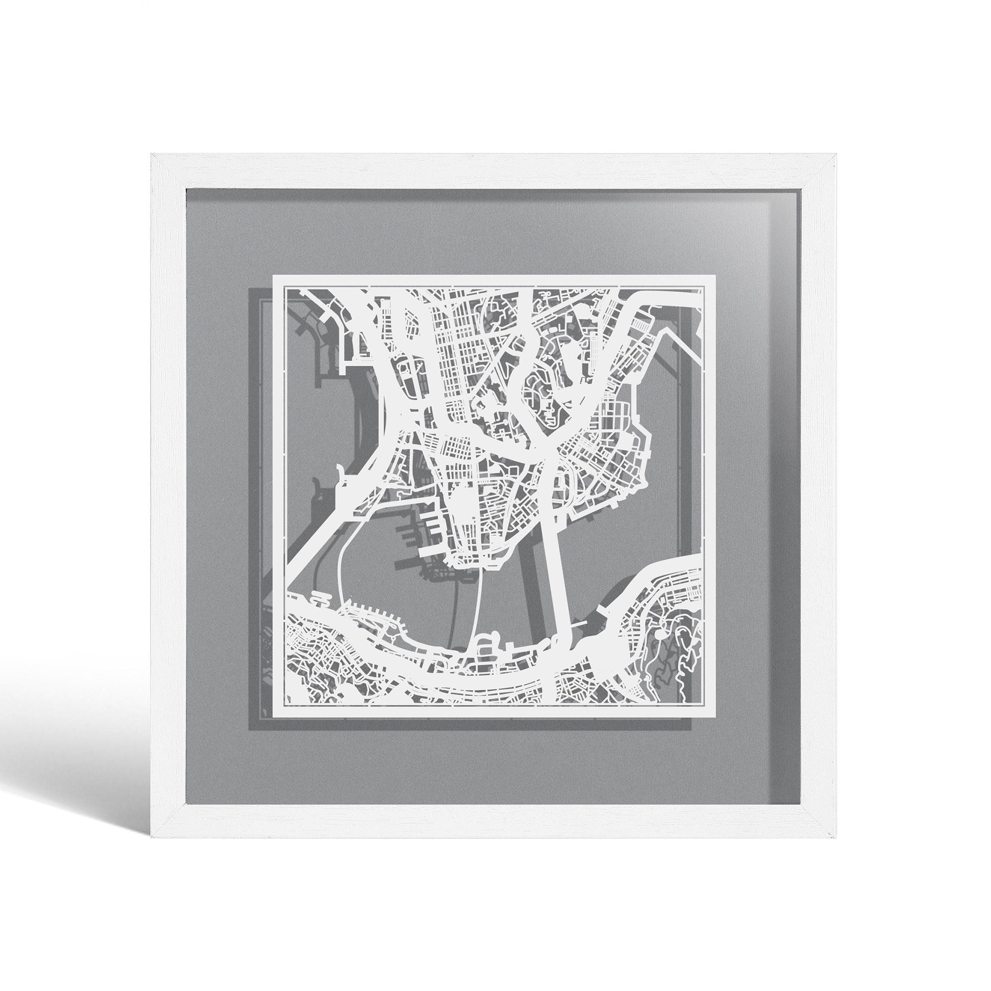 o3designstudio Hong Kong Paper cut map framed 9 inch White map White frame map art 22MF1005WW