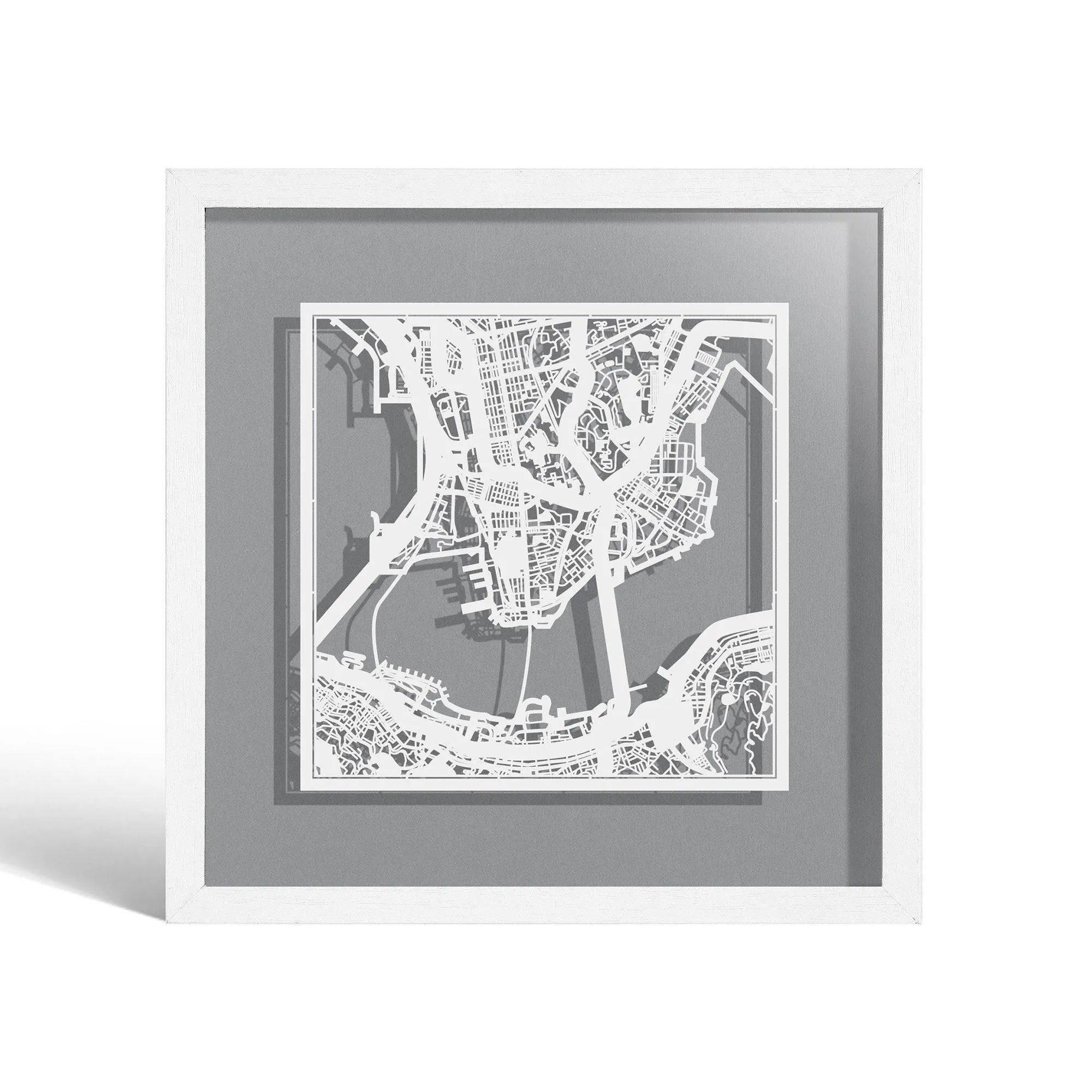 o3designstudio Hong Kong Paper cut map framed 9 inch White map White frame map art 22MF1005WW