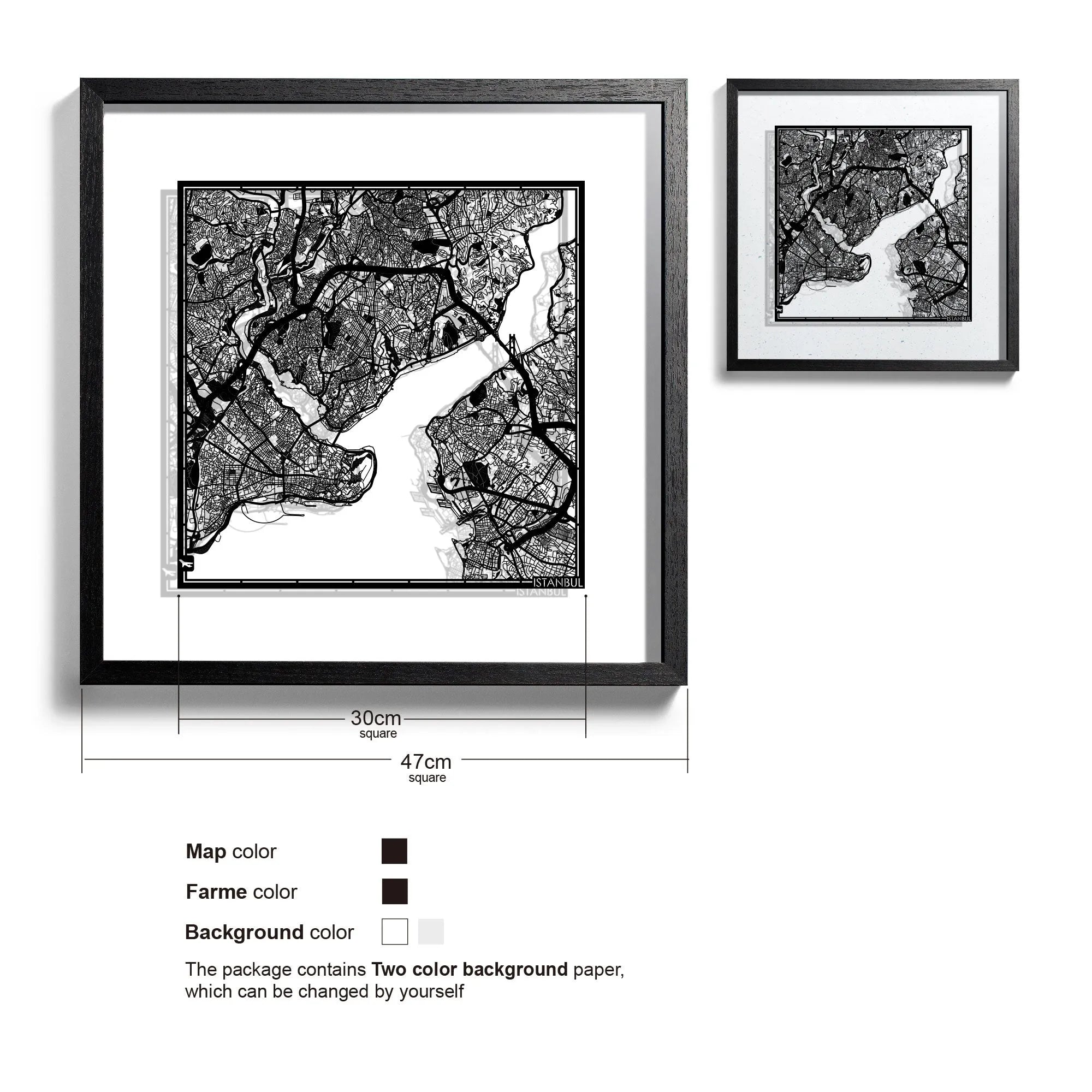 o3designstudio-Istanbul-Paper-cut-map-framed-18-inch-Black map / Black frame-45MF1009BB