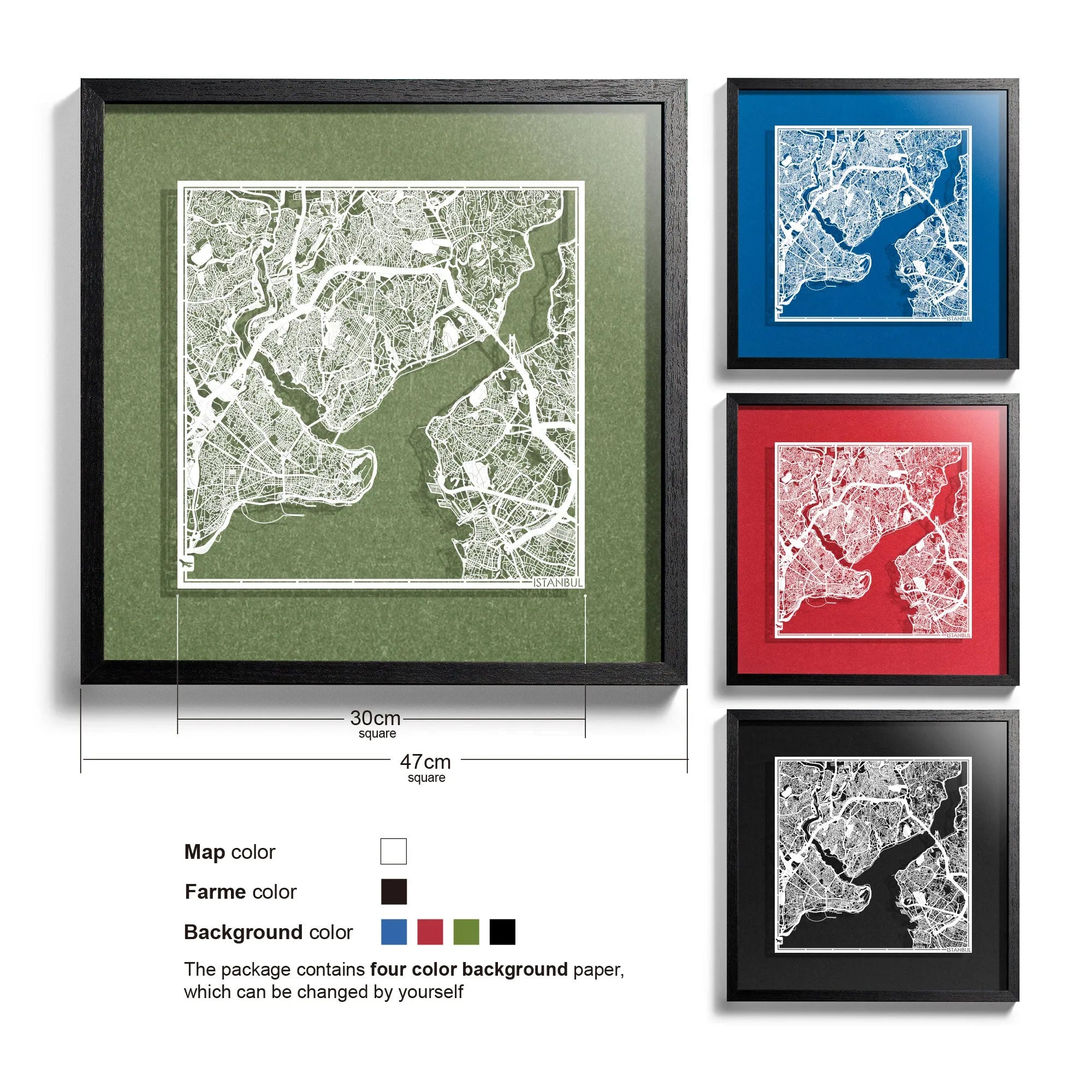 o3designstudio-Istanbul-Paper-cut-map-framed-18-inch-White map / Black frame-45MF1009BW