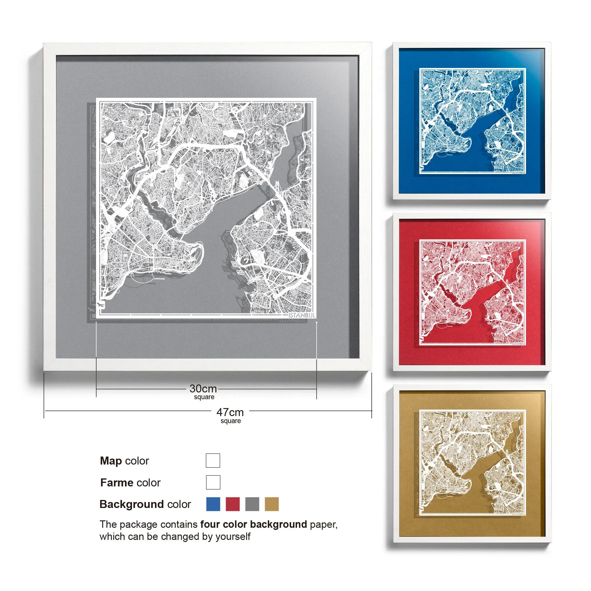 o3designstudio-Istanbul-Paper-cut-map-framed-18-inch-White map / White frame-45MF1009WW