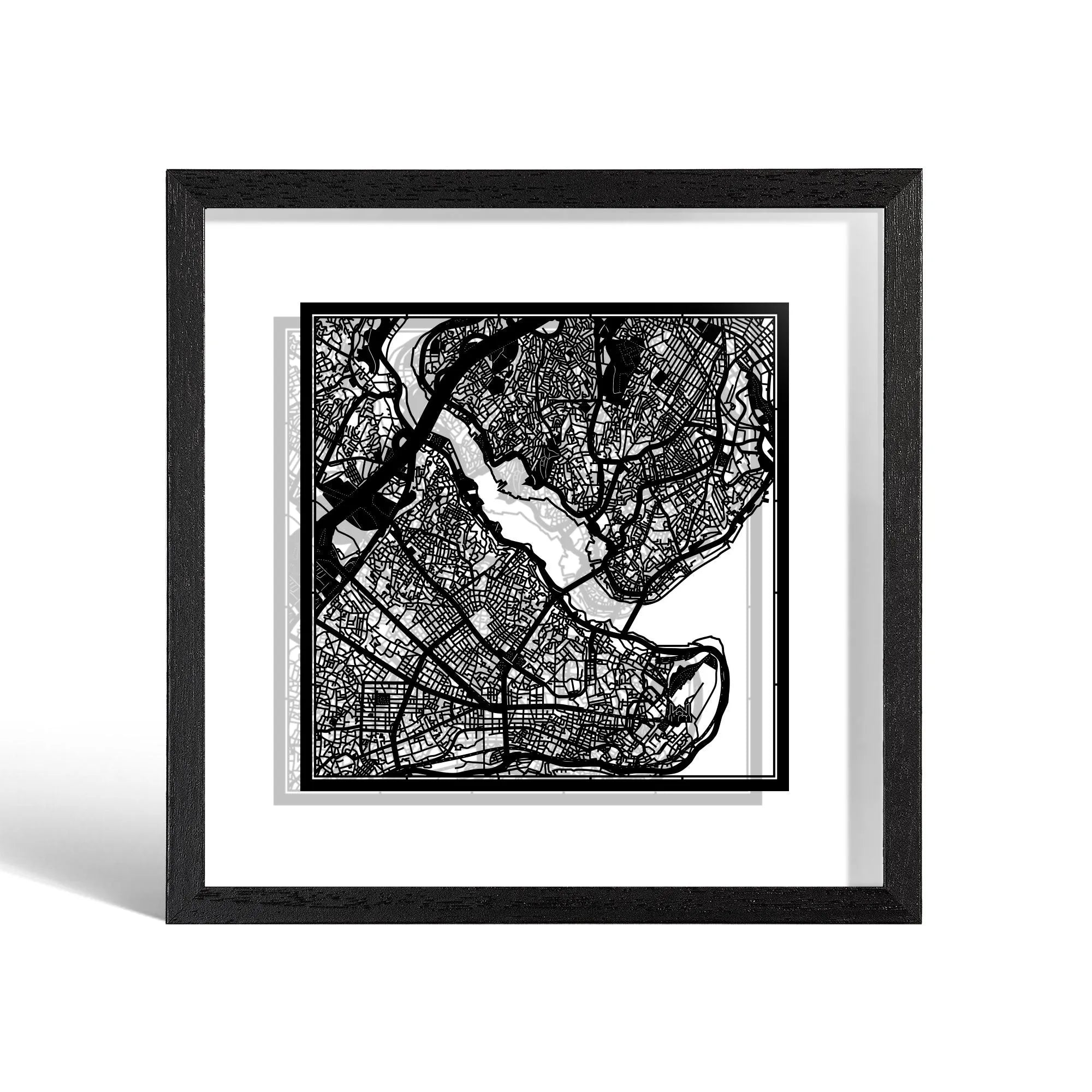 o3designstudio Istanbul Paper cut map framed 9 inch White map Black frame map art 22MF1009BW