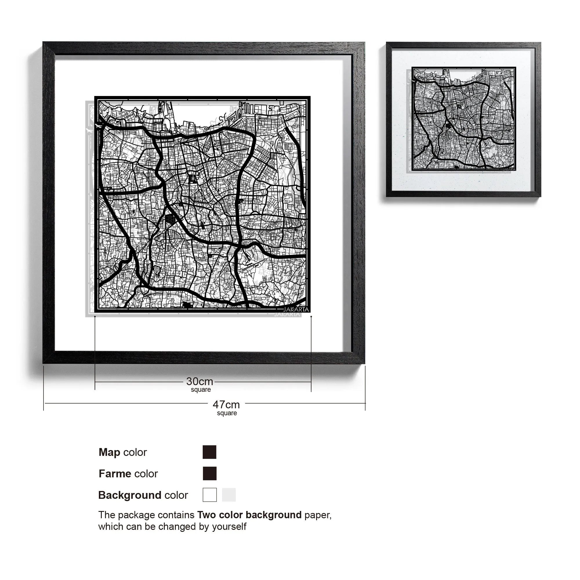 o3designstudio-Jakarta-Paper-cut-map-framed-18-inch-Black map / Black frame-45MF1018BB
