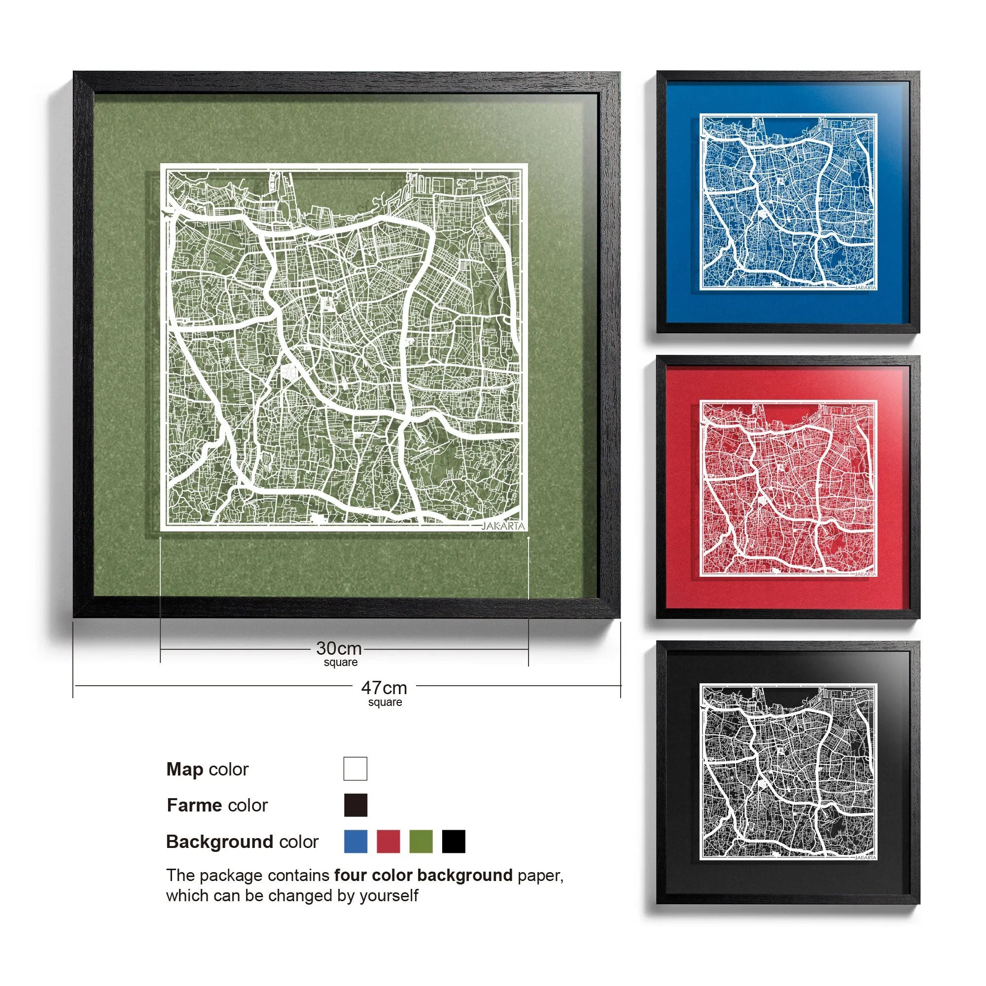 o3designstudio-Jakarta-Paper-cut-map-framed-18-inch-White map / Black frame-45MF1018BW