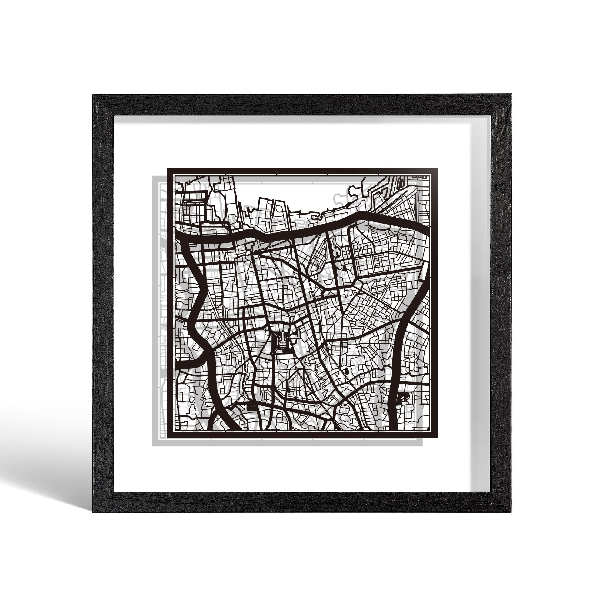 o3designstudio Jakarta Paper cut map framed 9 inch Black map Black frame map art 22MF1018BB