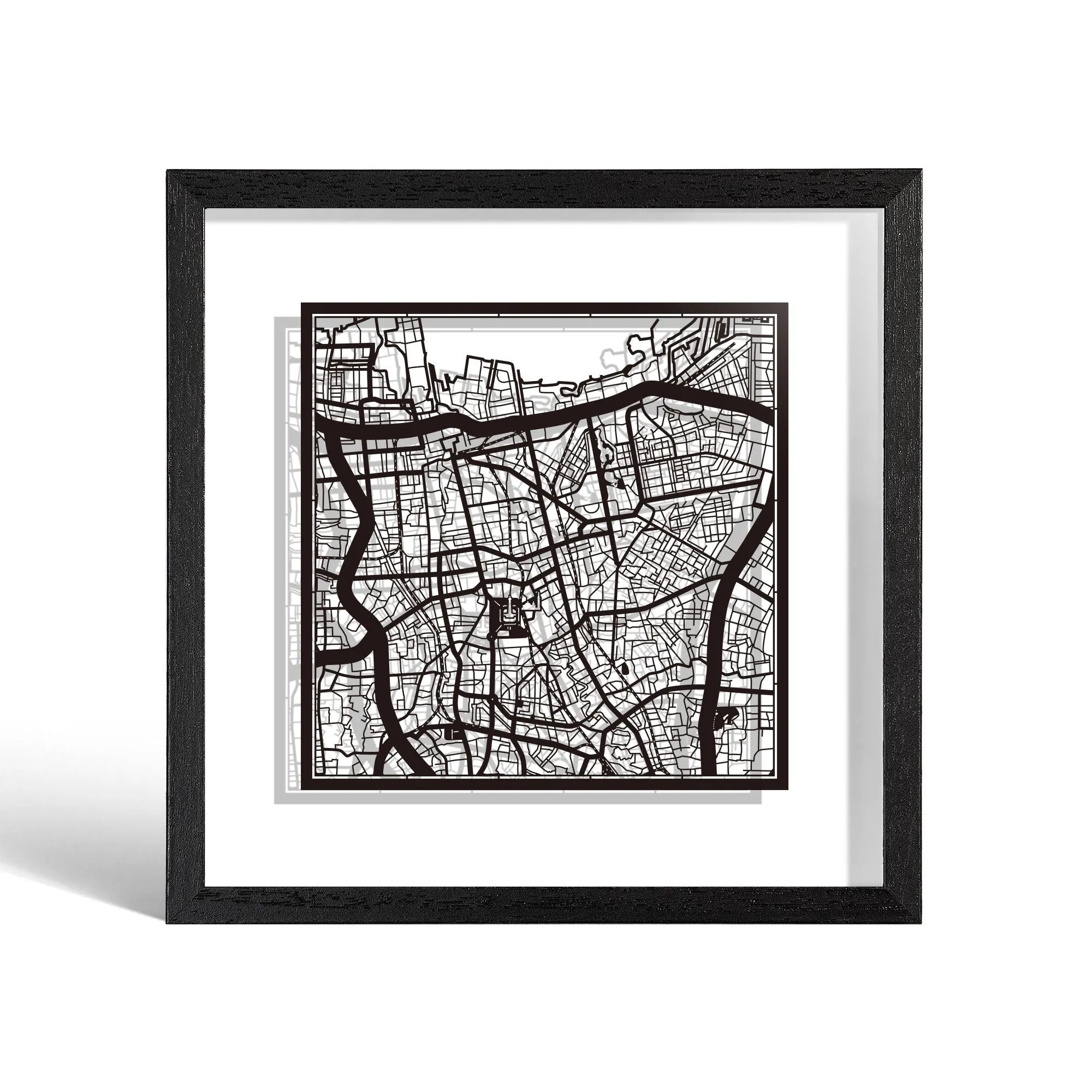 o3designstudio Jakarta Paper cut map framed 9 inch White map Black frame map art 22MF1018BW