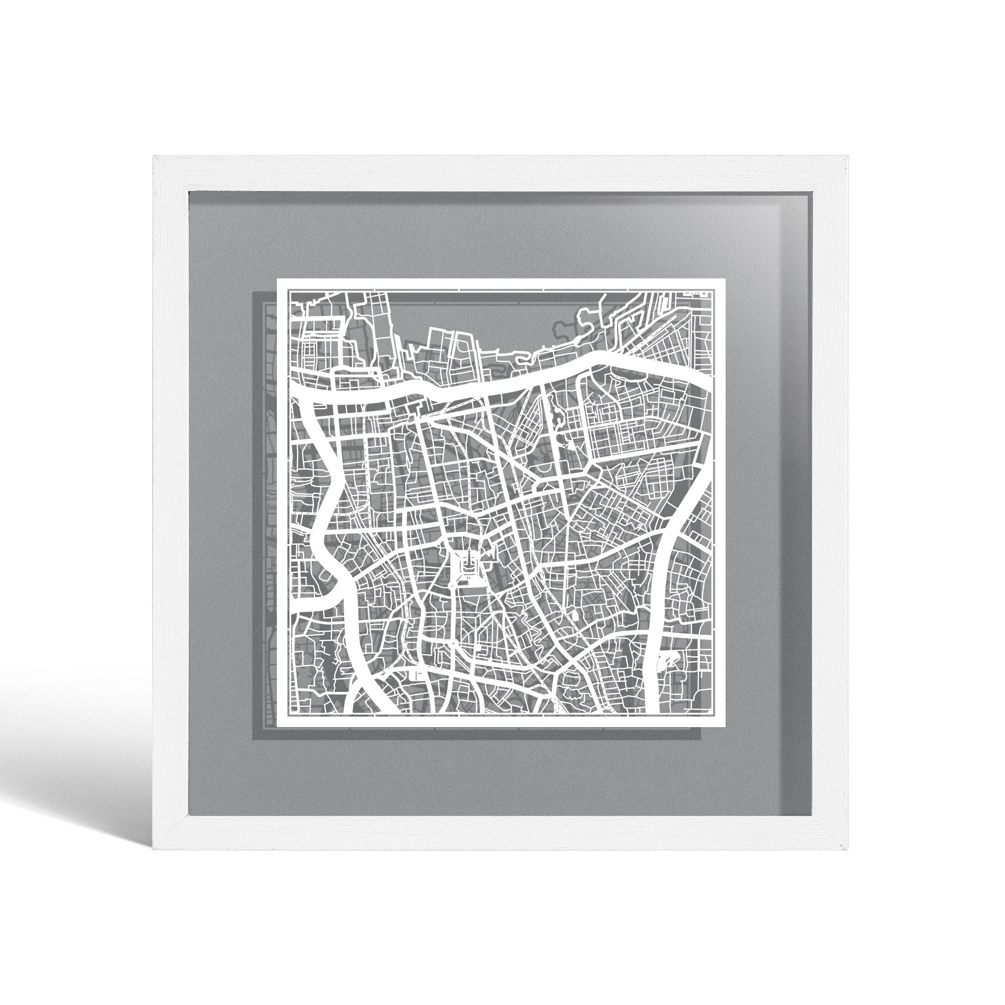 o3designstudio Jakarta Paper cut map framed 9 inch White map White frame map art 22MF1018WW