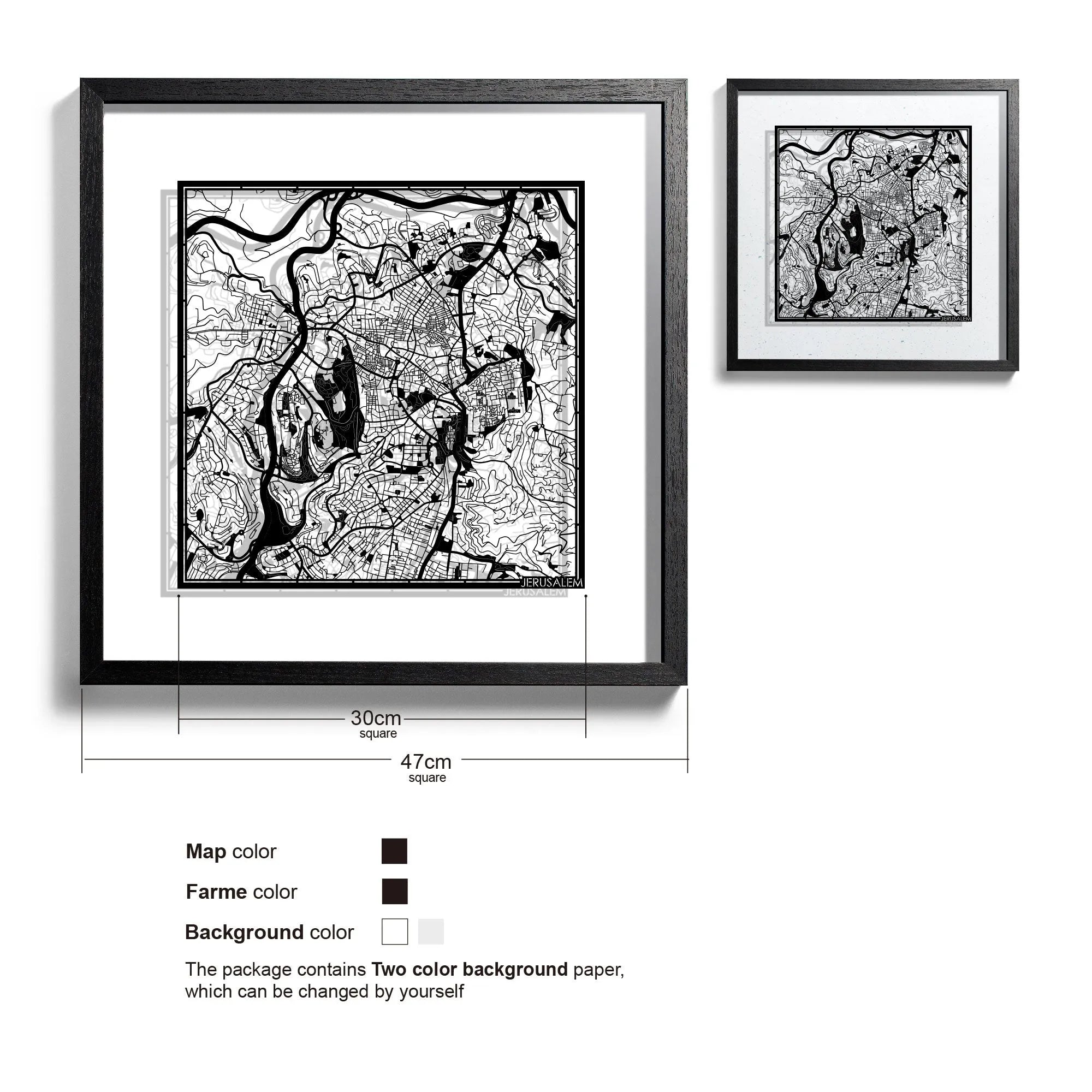 o3designstudio-Jerusalem-Paper-cut-map-framed-18-inch-Black map / Black frame-45MF1016BB