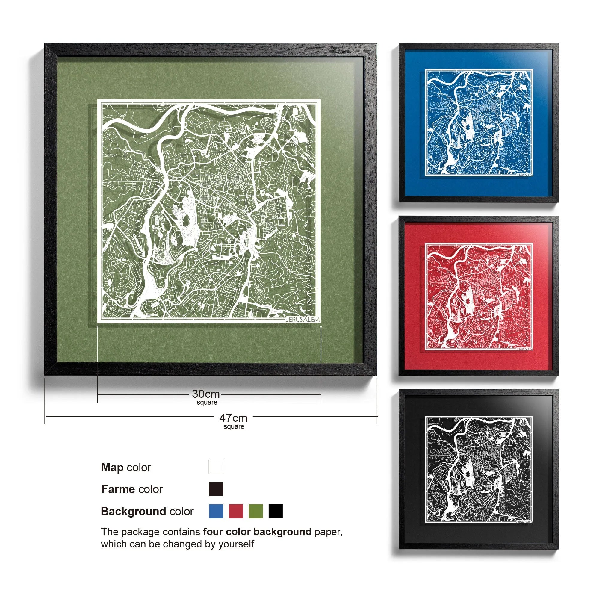 o3designstudio-Jerusalem-Paper-cut-map-framed-18-inch-White map / Black frame-45MF1016BW