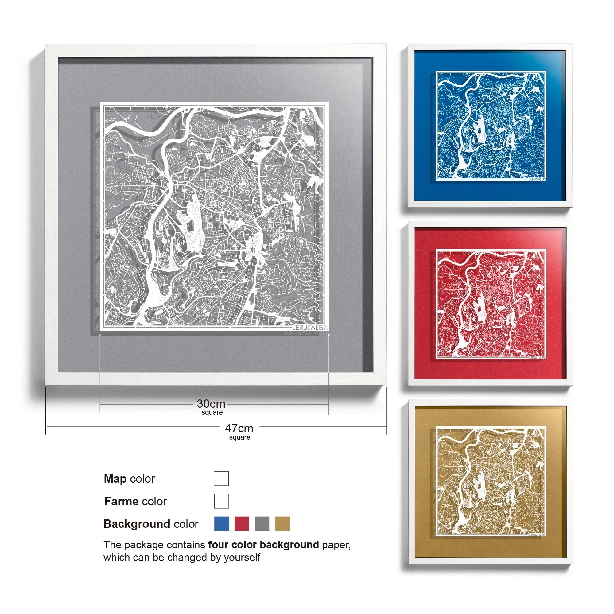o3designstudio-Jerusalem-Paper-cut-map-framed-18-inch-White map / White frame-45MF1016WW